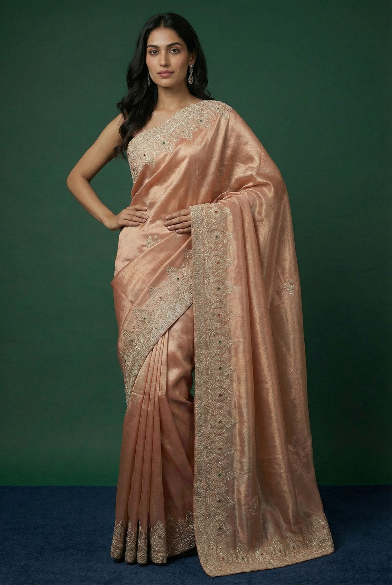 Light Peach Hand Embroidered Silk Saree
