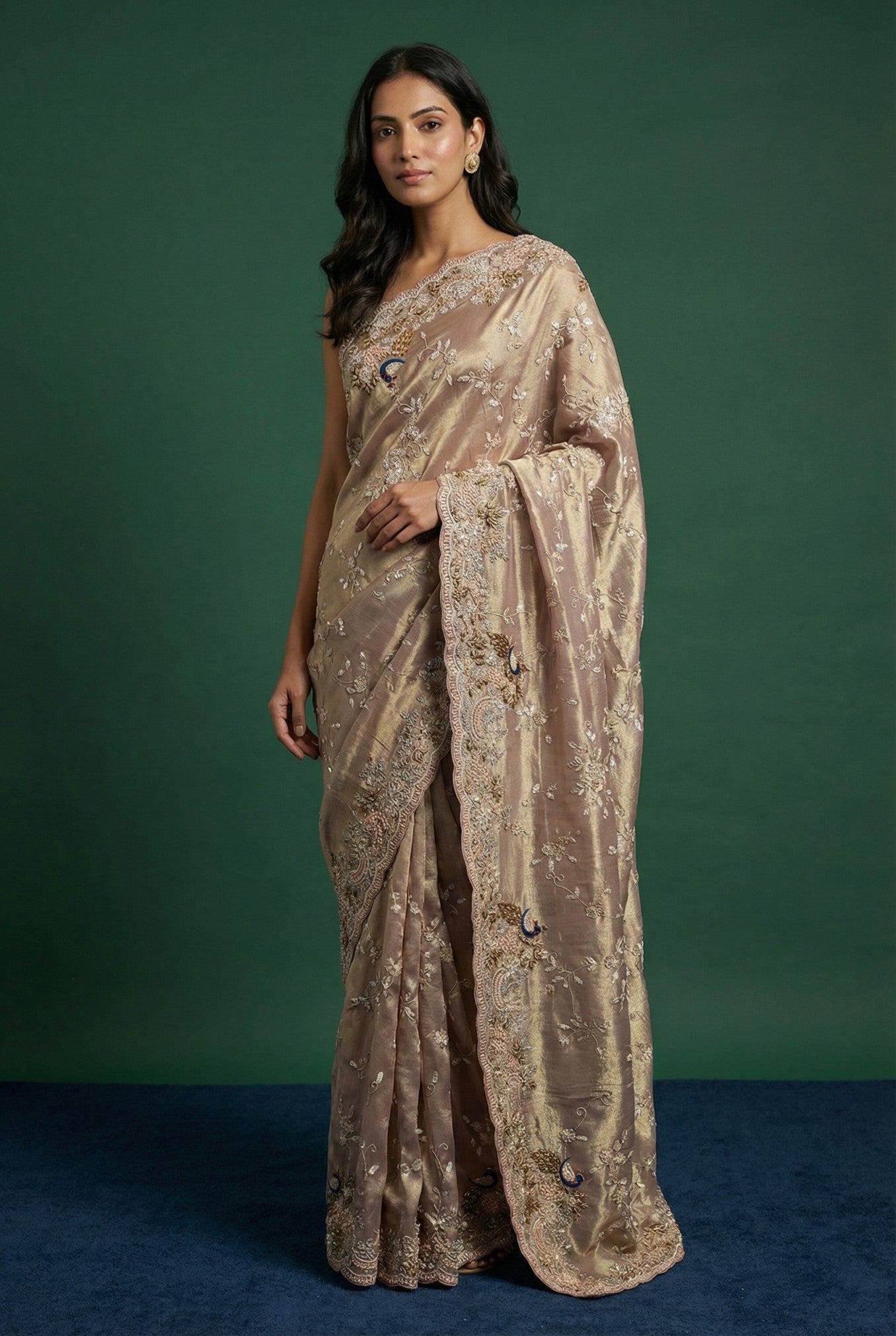Mauve Hand Embroidered Tissue Saree