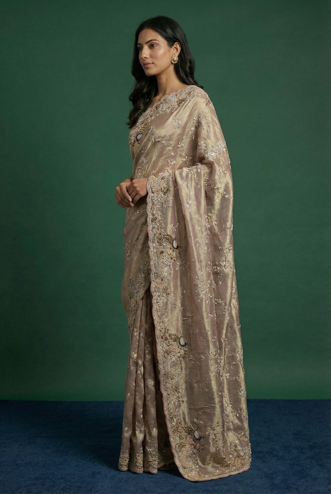 Mauve Hand Embroidered Tissue Saree