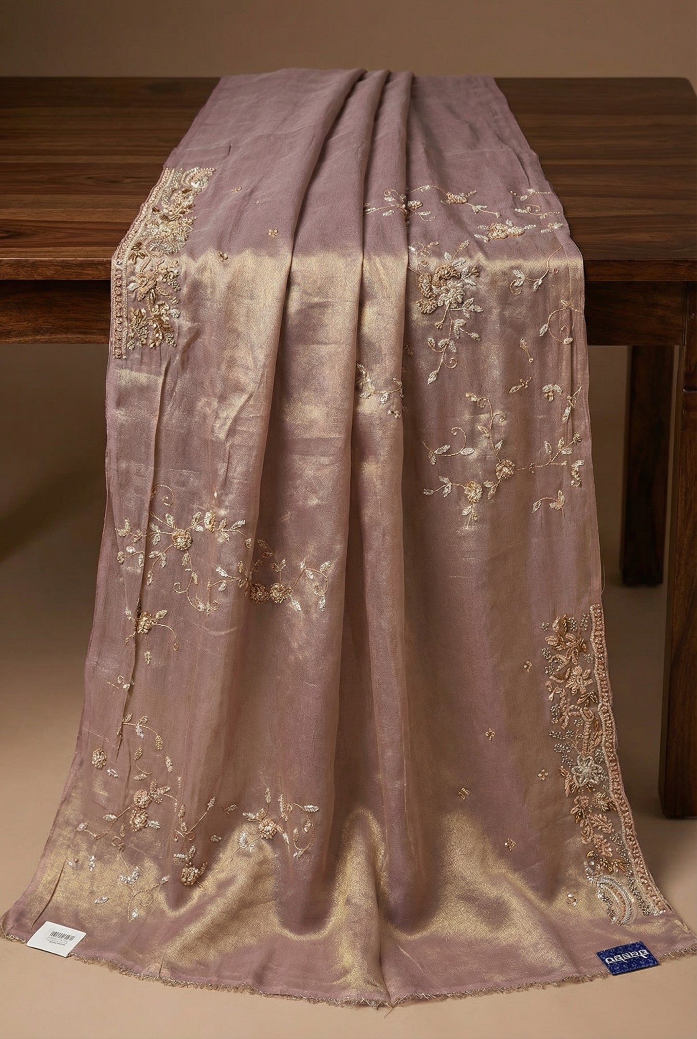 Mauve Hand Embroidered Tissue Saree