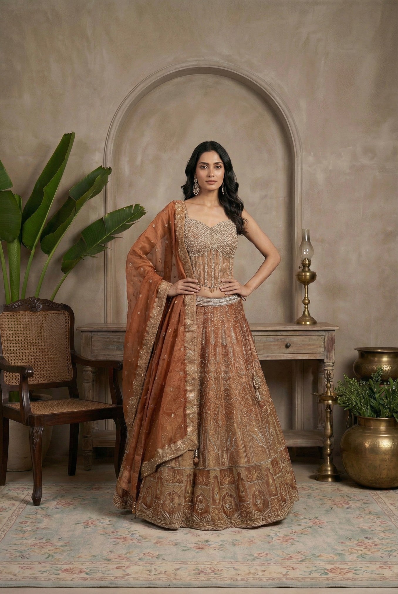 Brown Hand Work Banarasi Festive Lehenga