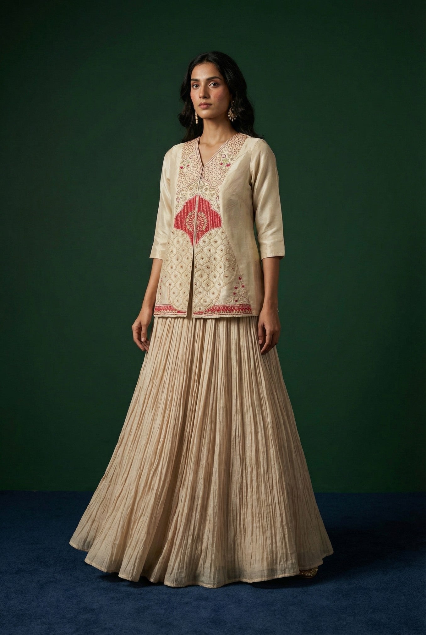 Cream Hand Embroidered Festive Wear Lehenga