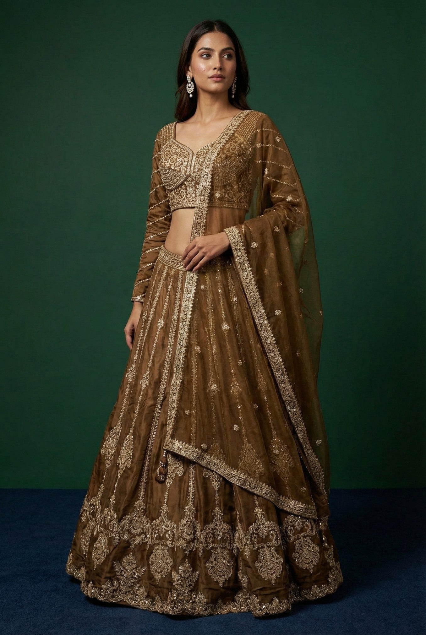 Brown Tissue Embroidered Designer Lehenga