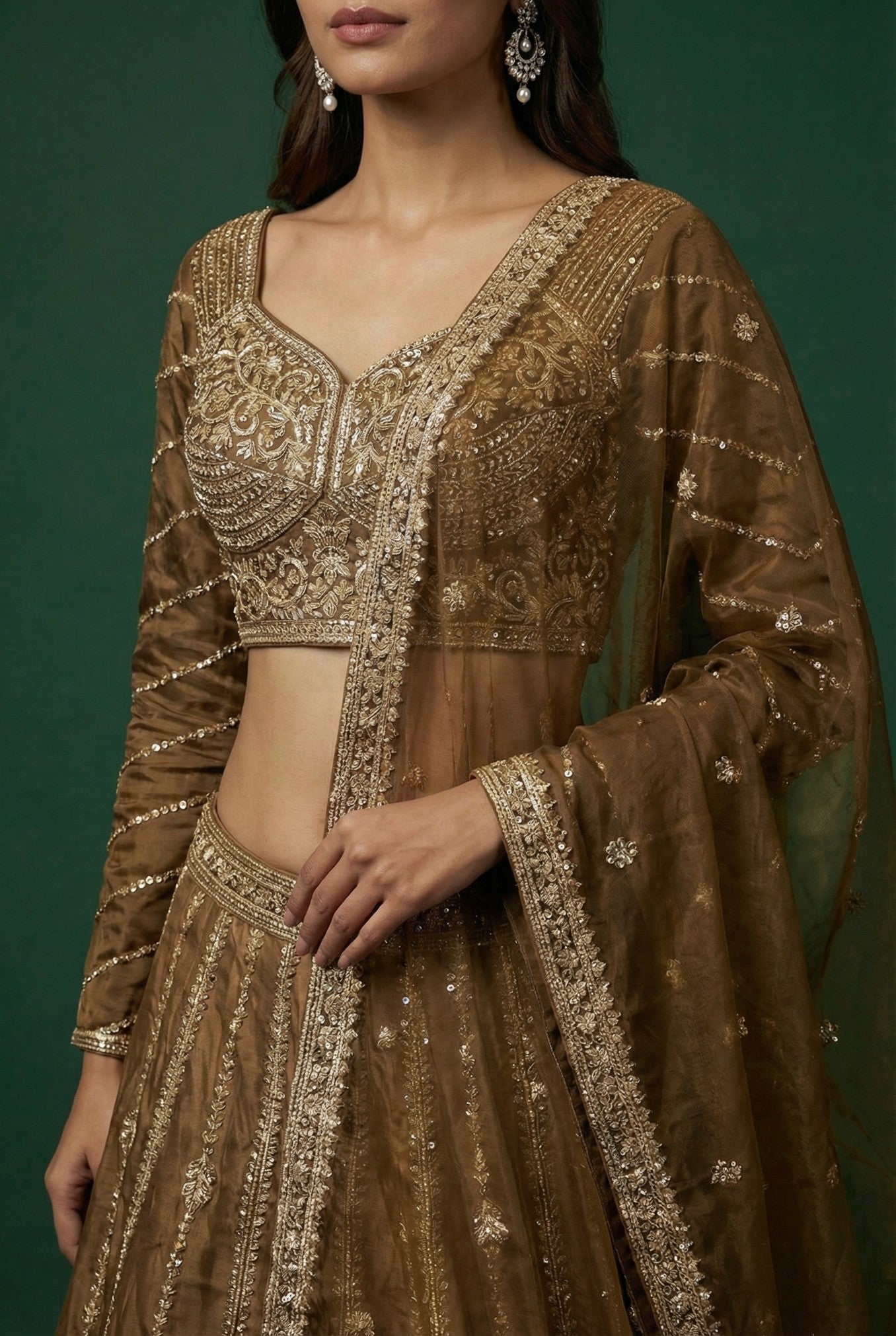 Brown Tissue Embroidered Designer Lehenga