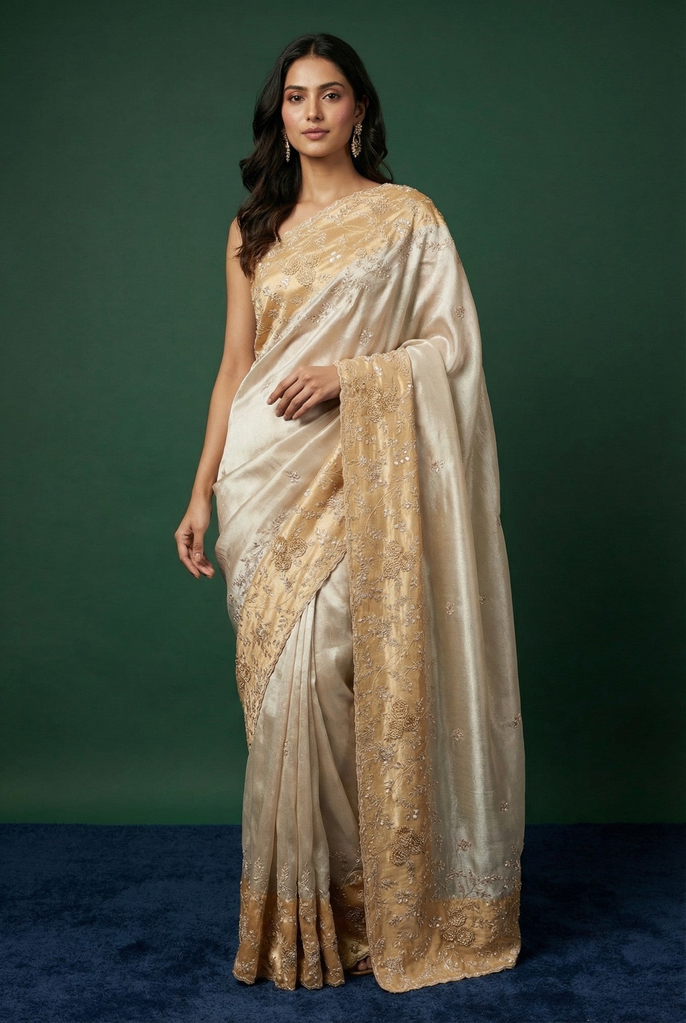Ivory & Gold Tissue Hand Work Saree