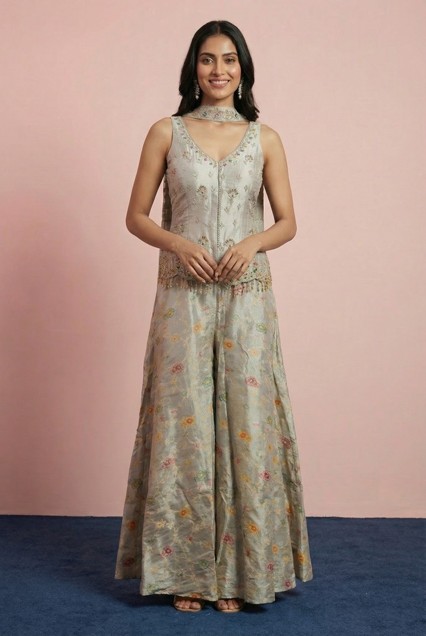 Light Grey Embroidered Top With Sharara