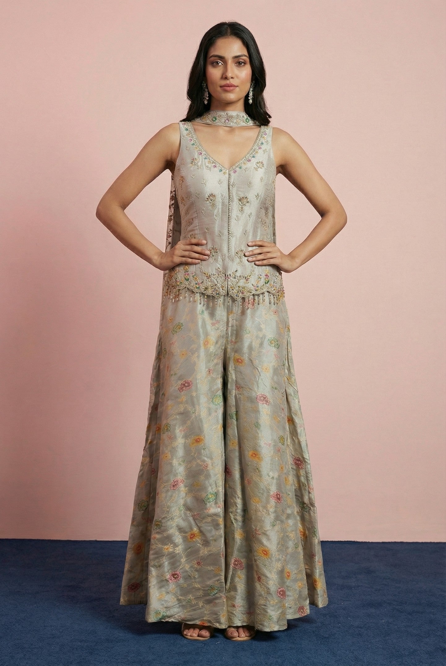 Light Grey Embroidered Top With Sharara