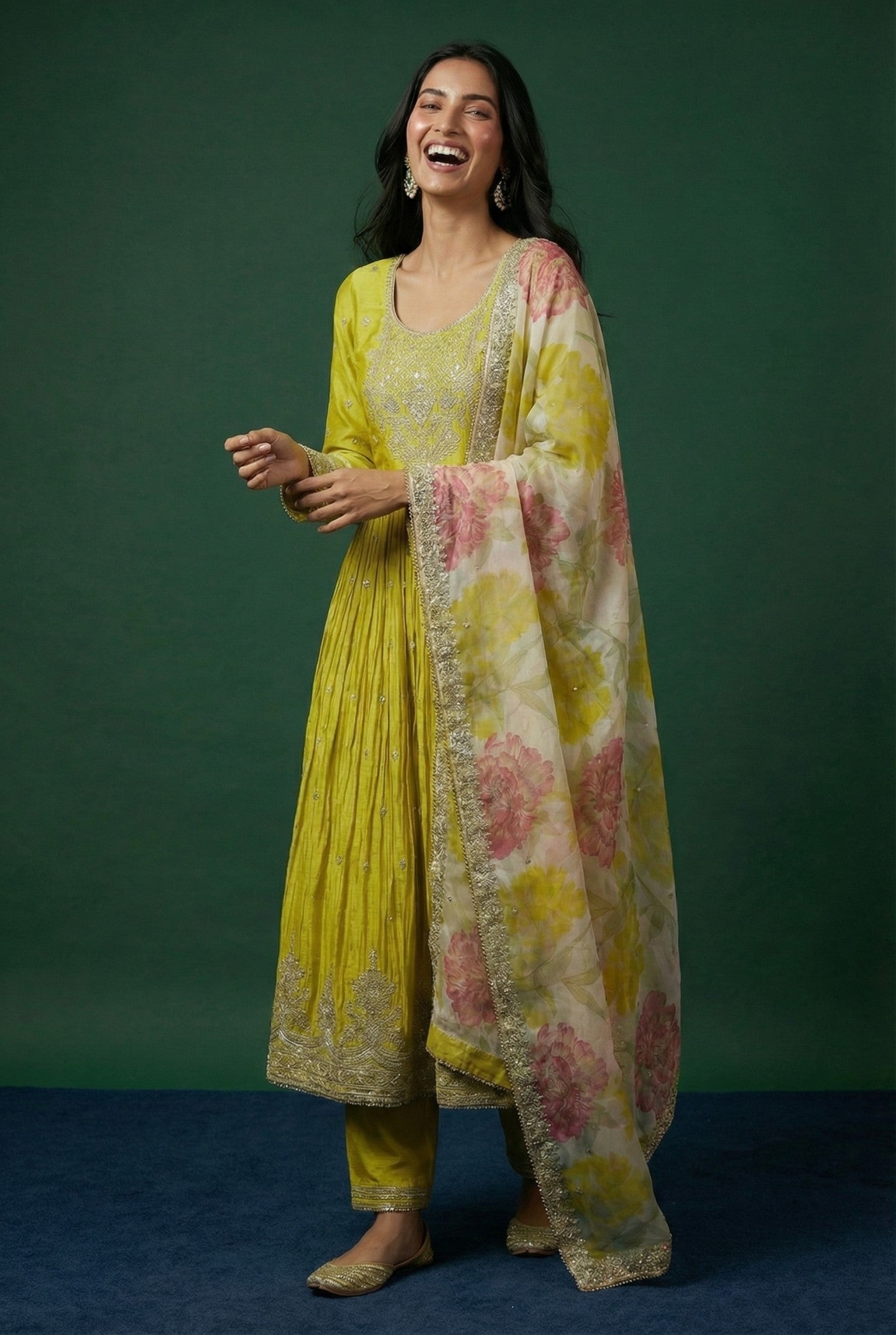 Yellow Chinnon Anarkali With Palazzo Bottom