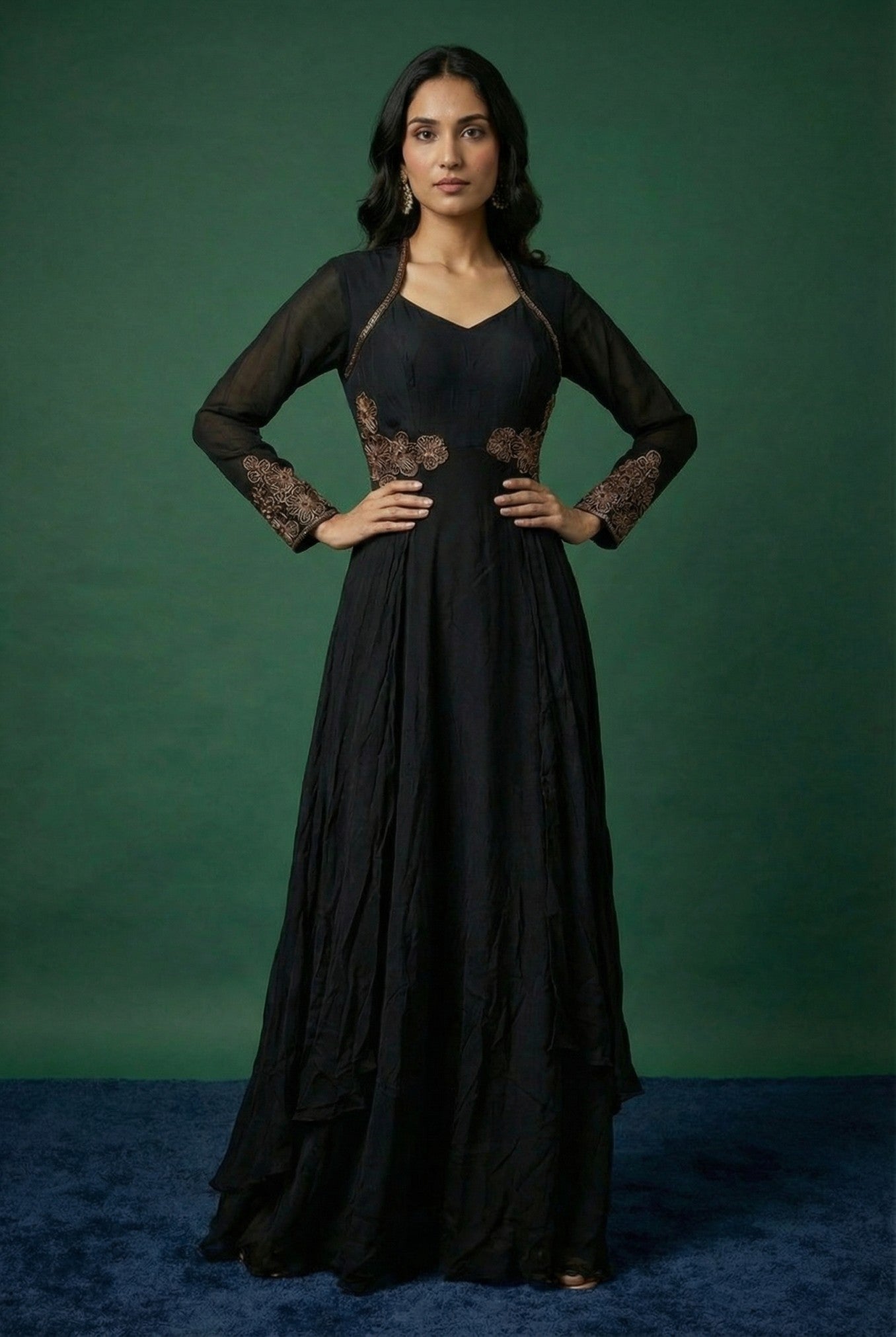 Black Chinnon Embroidered Anarkali Gown