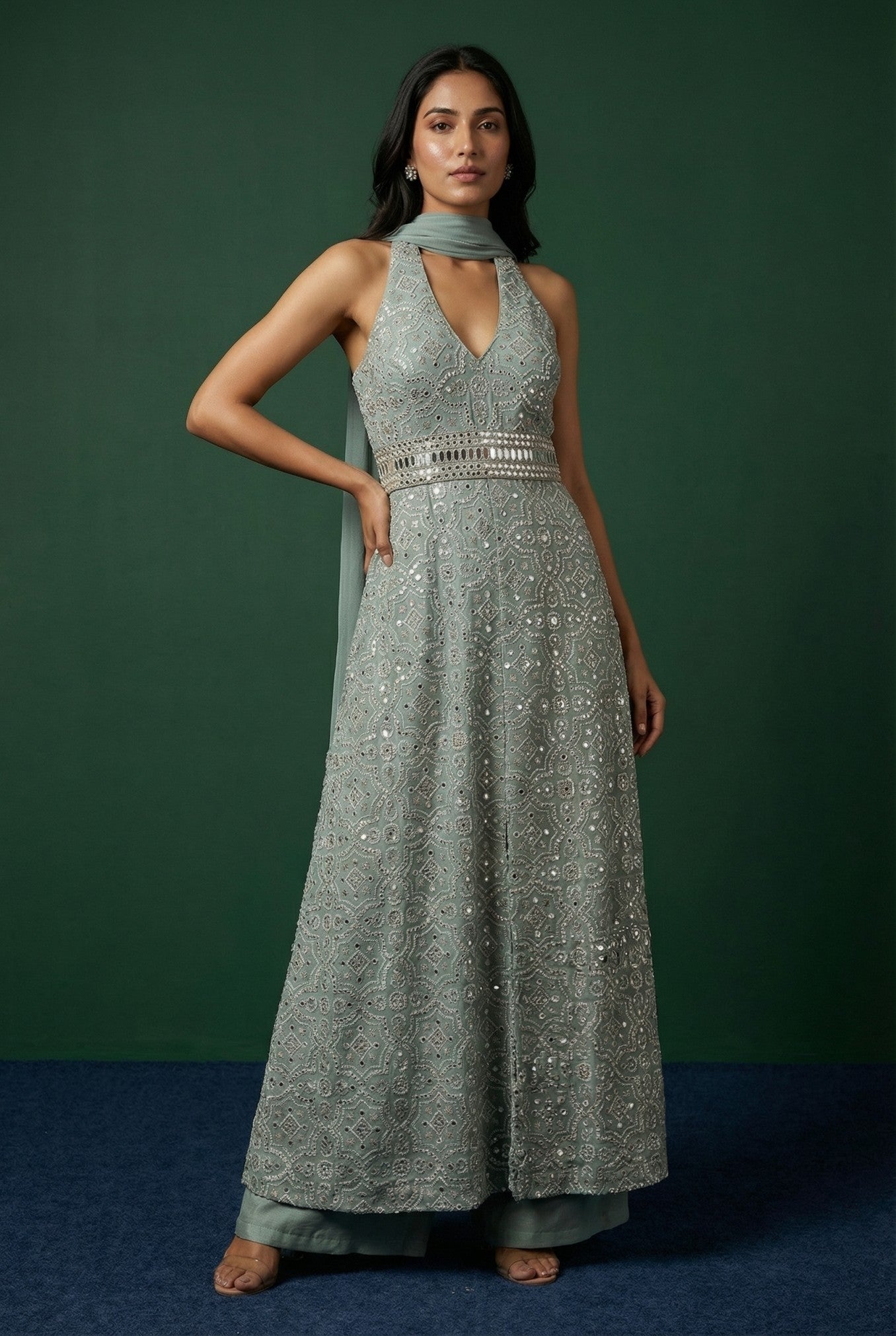 Sea Green Embroidered Long Bodice With Palazzo Bottom