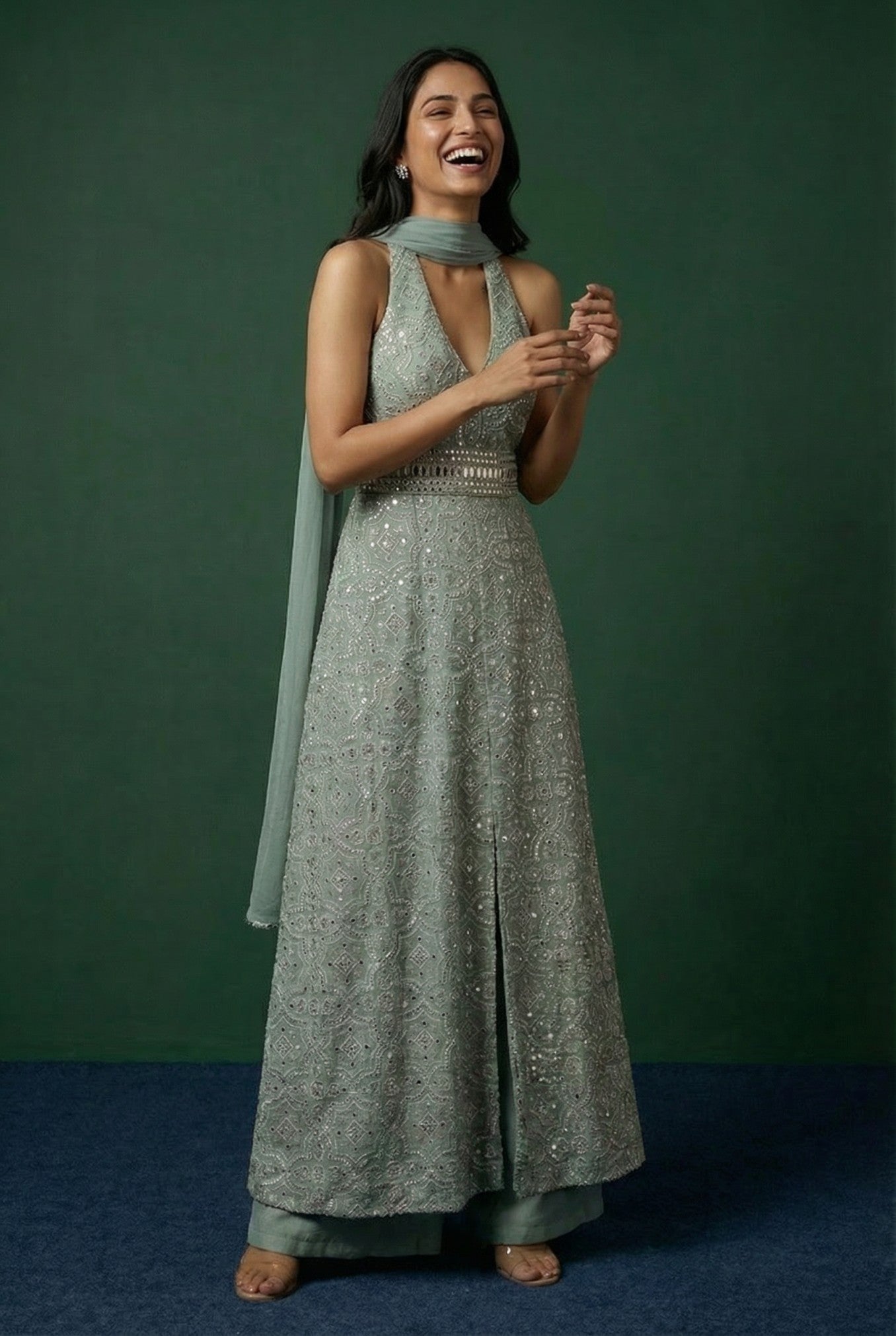 Sea Green Embroidered Long Bodice With Palazzo Bottom