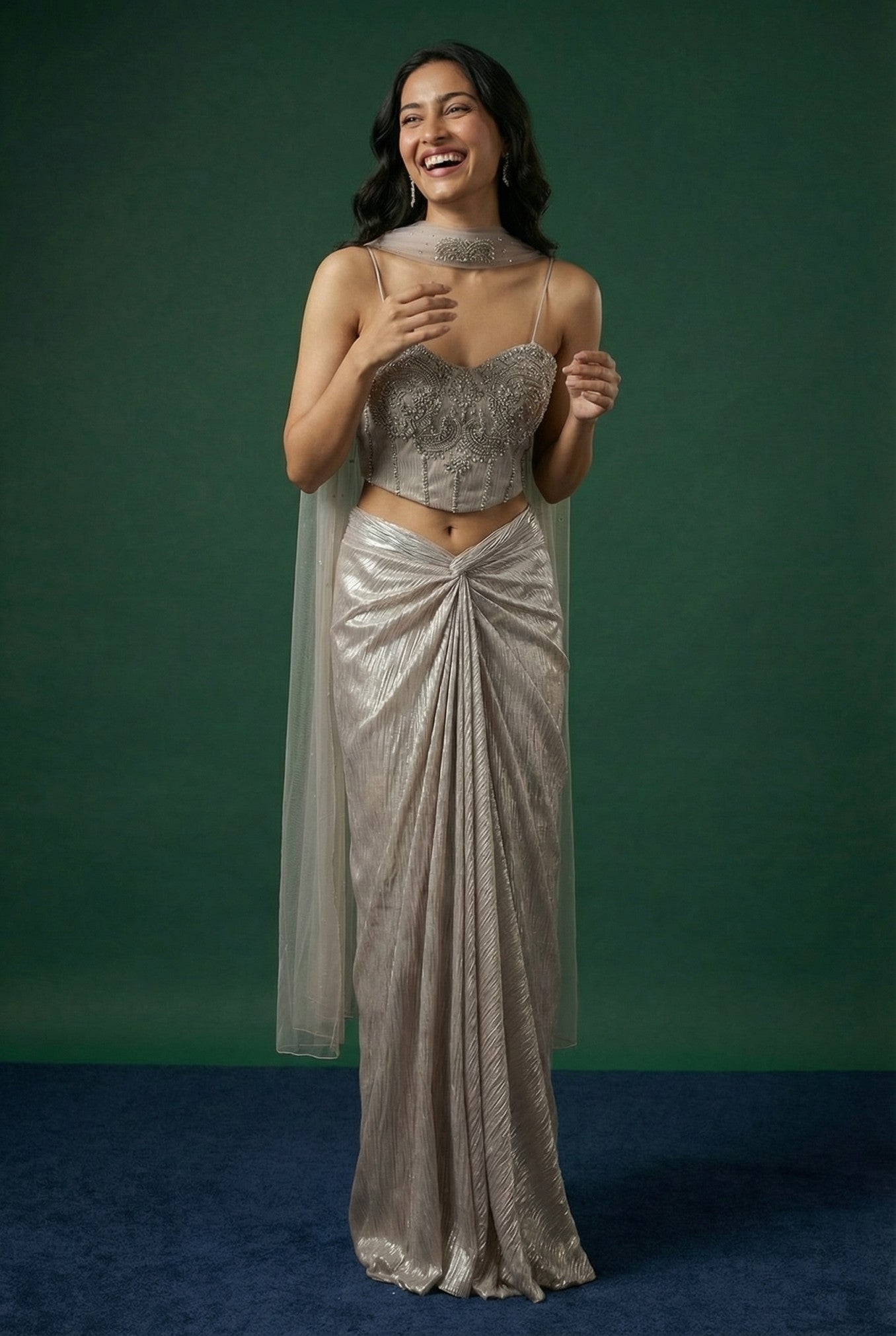 Peach Corset Embroidered Bodice With Drape Skirt