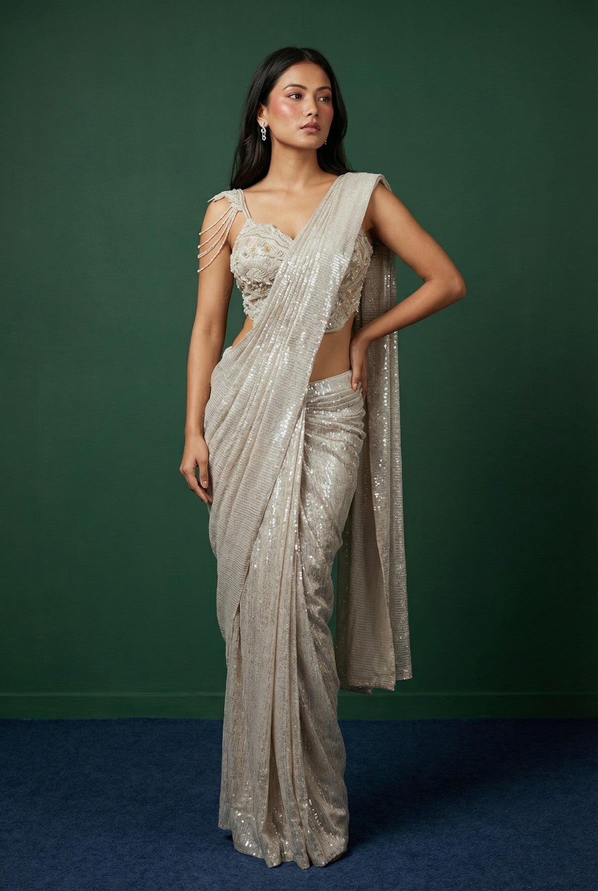 Gold Sequinned Cocktail Drape Saree