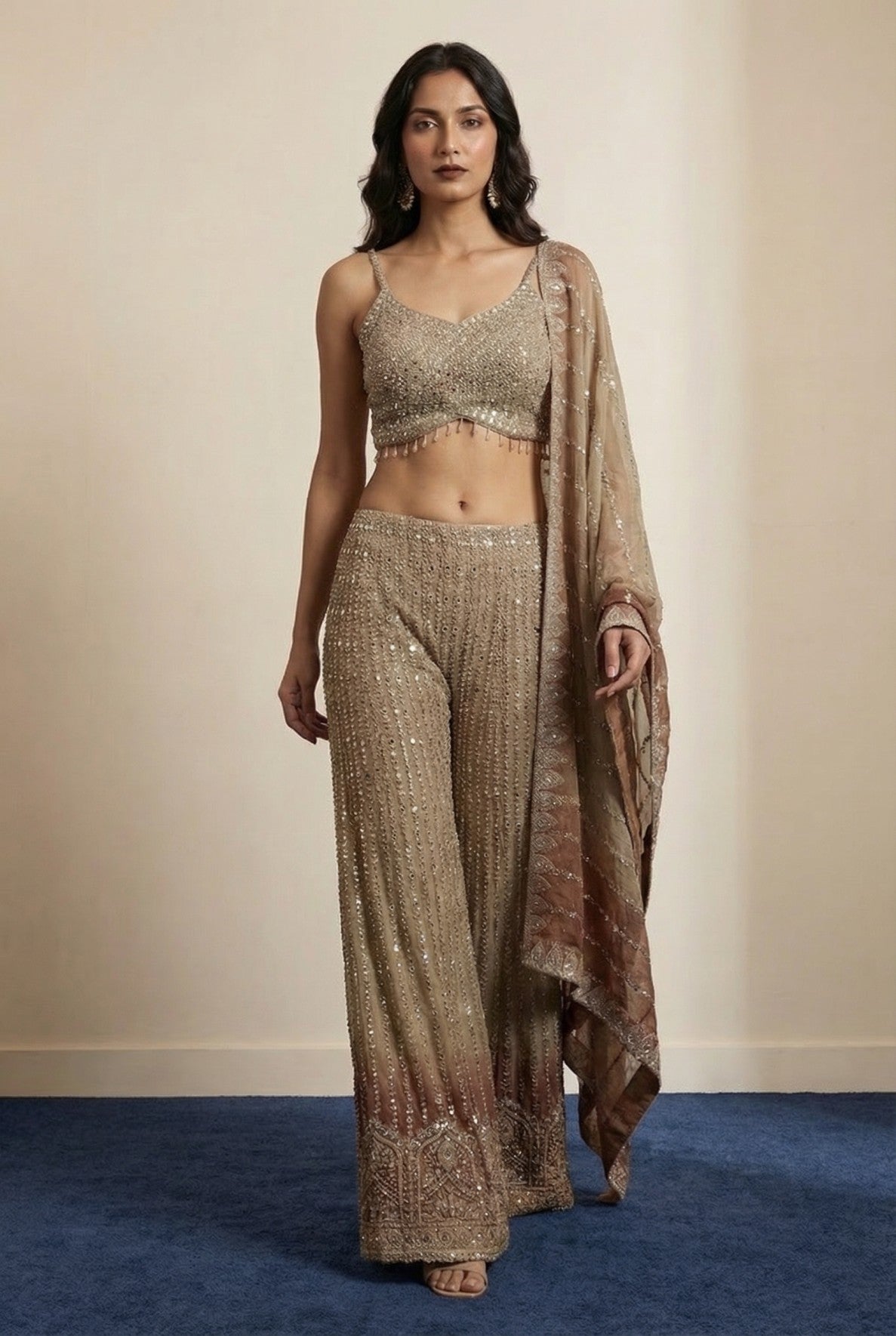 Shaded Green Embroidered Sharara Set