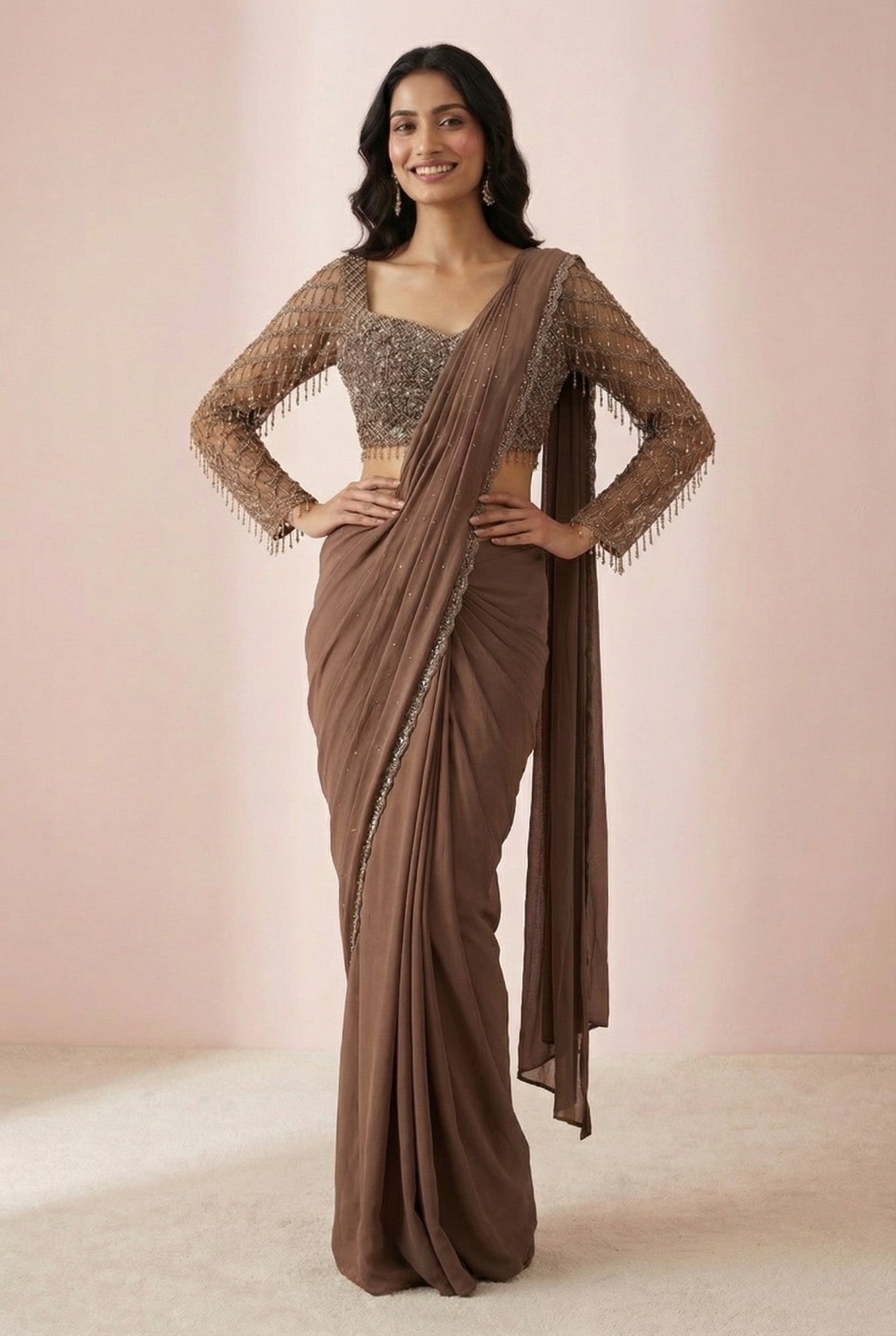 Brown Embroidered Cocktail Drape Saree