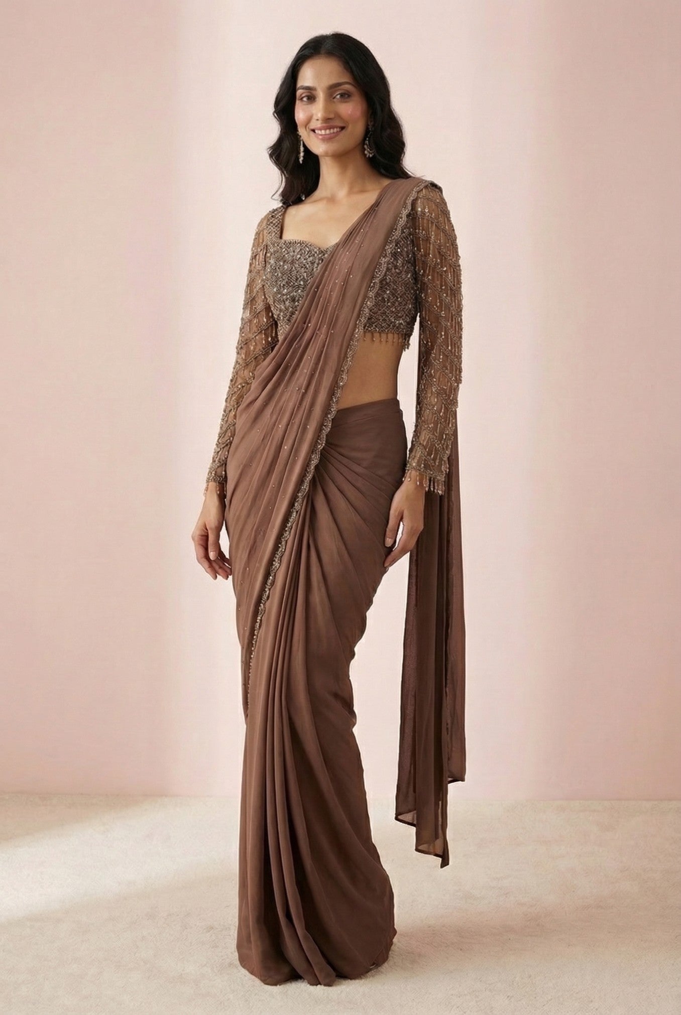 Brown Embroidered Cocktail Drape Saree