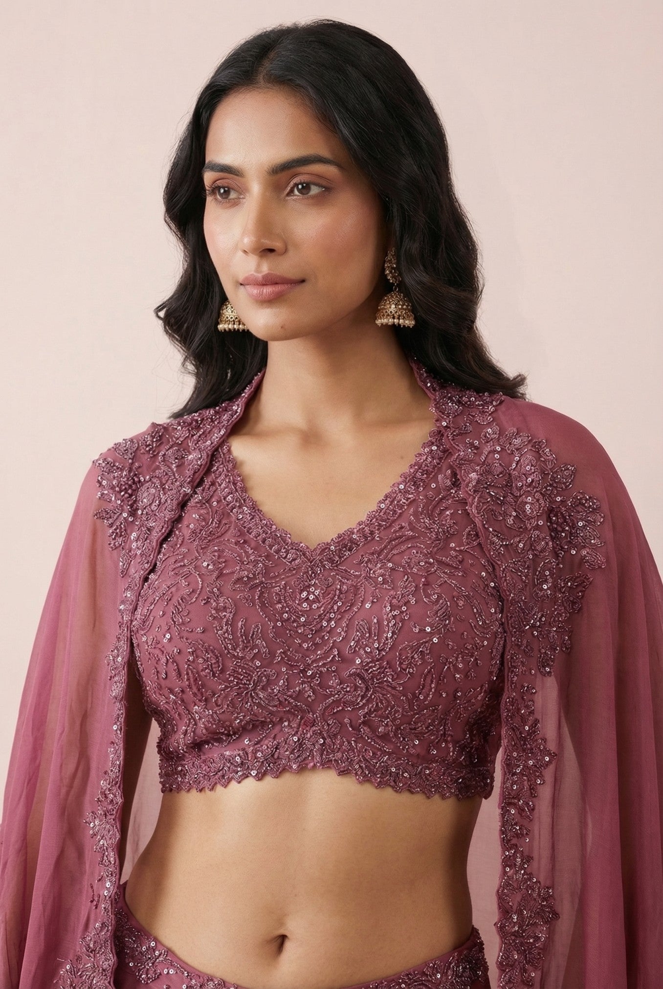 Fuchsia Pink Embroidered Bodice With Shrug & Drape Skirt