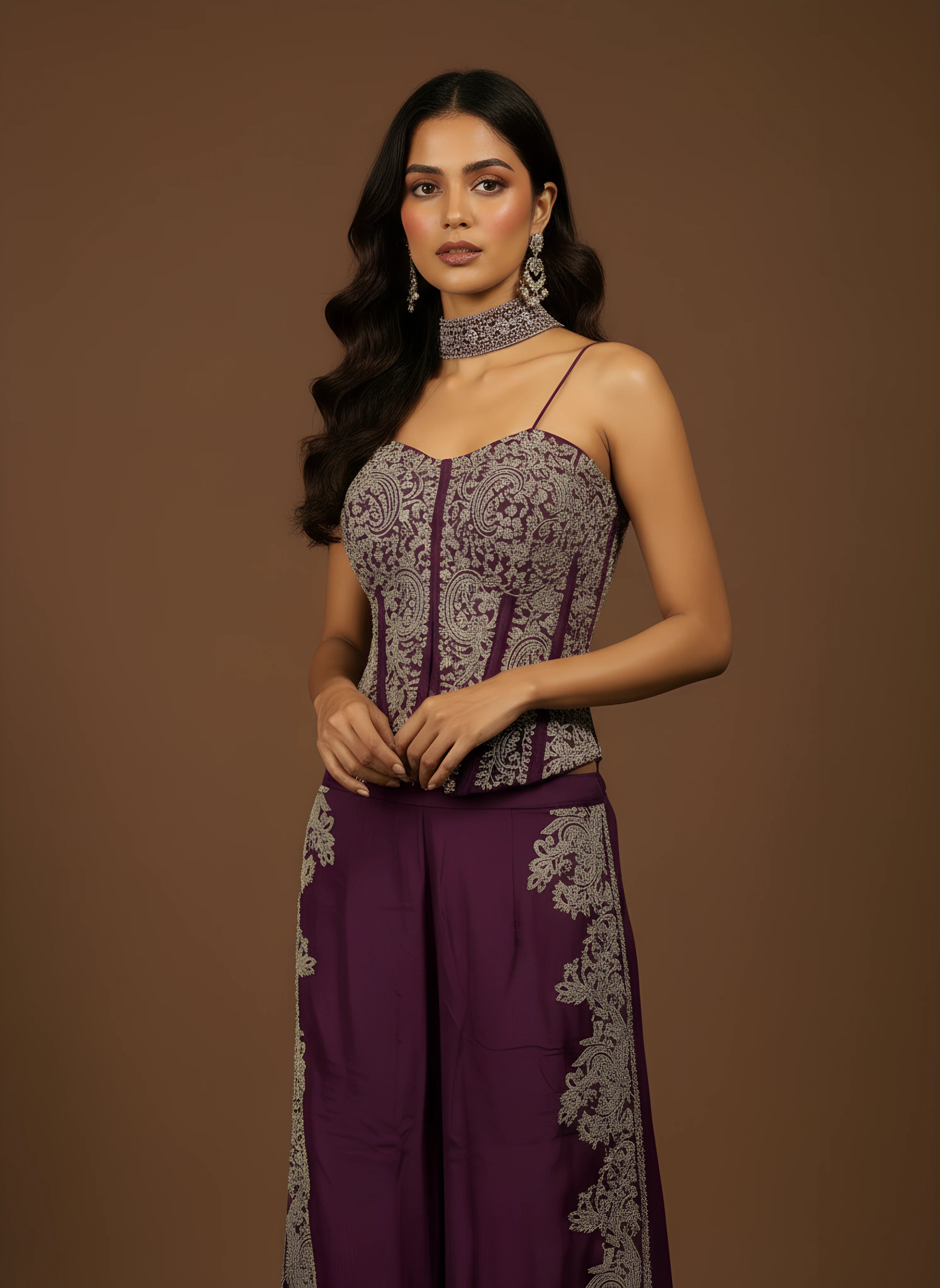 Purple Designer Embroidered Corset Top With Sharara