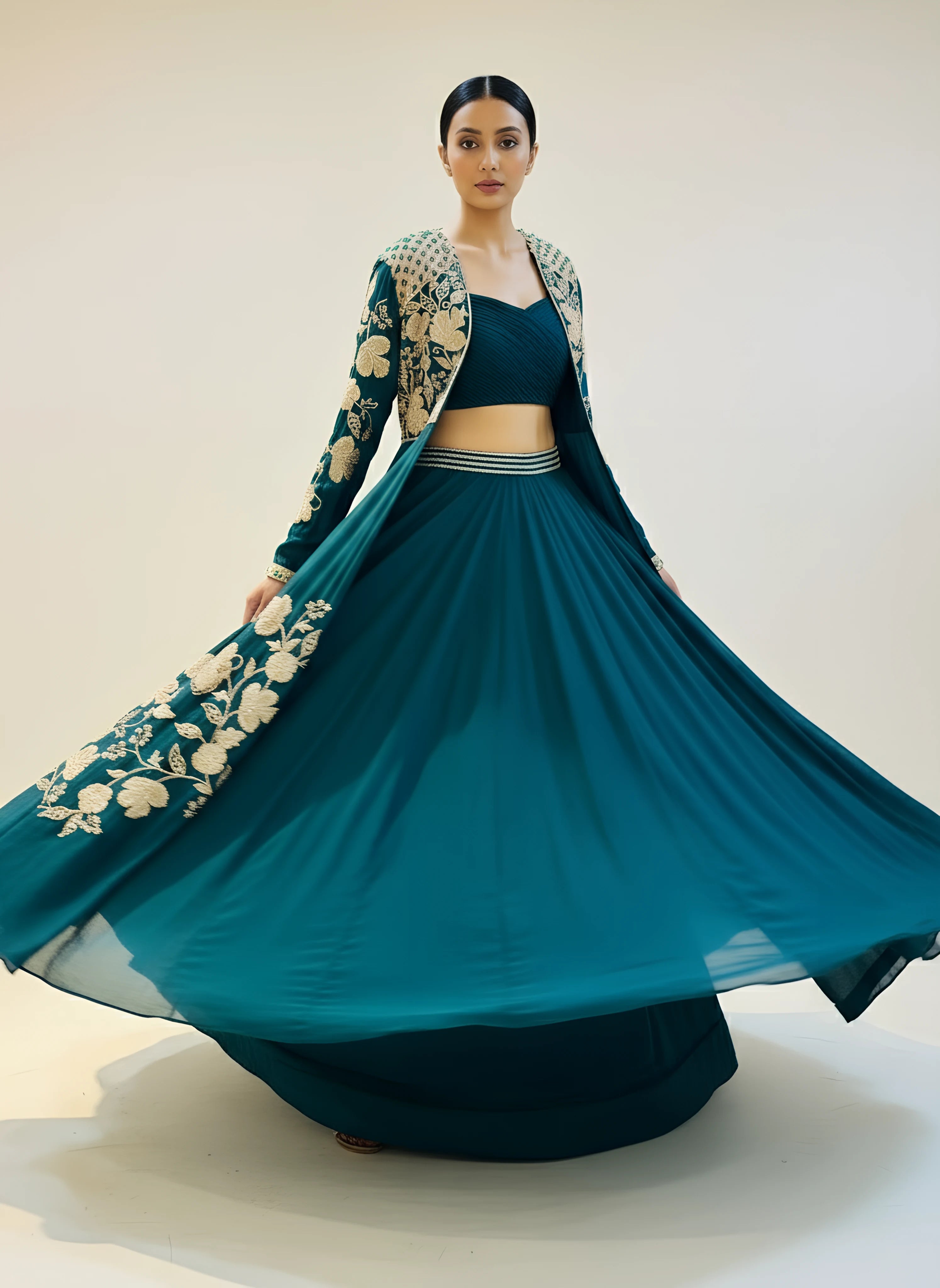 Teal Green SIlk Embroidered Lehenga With Shrug