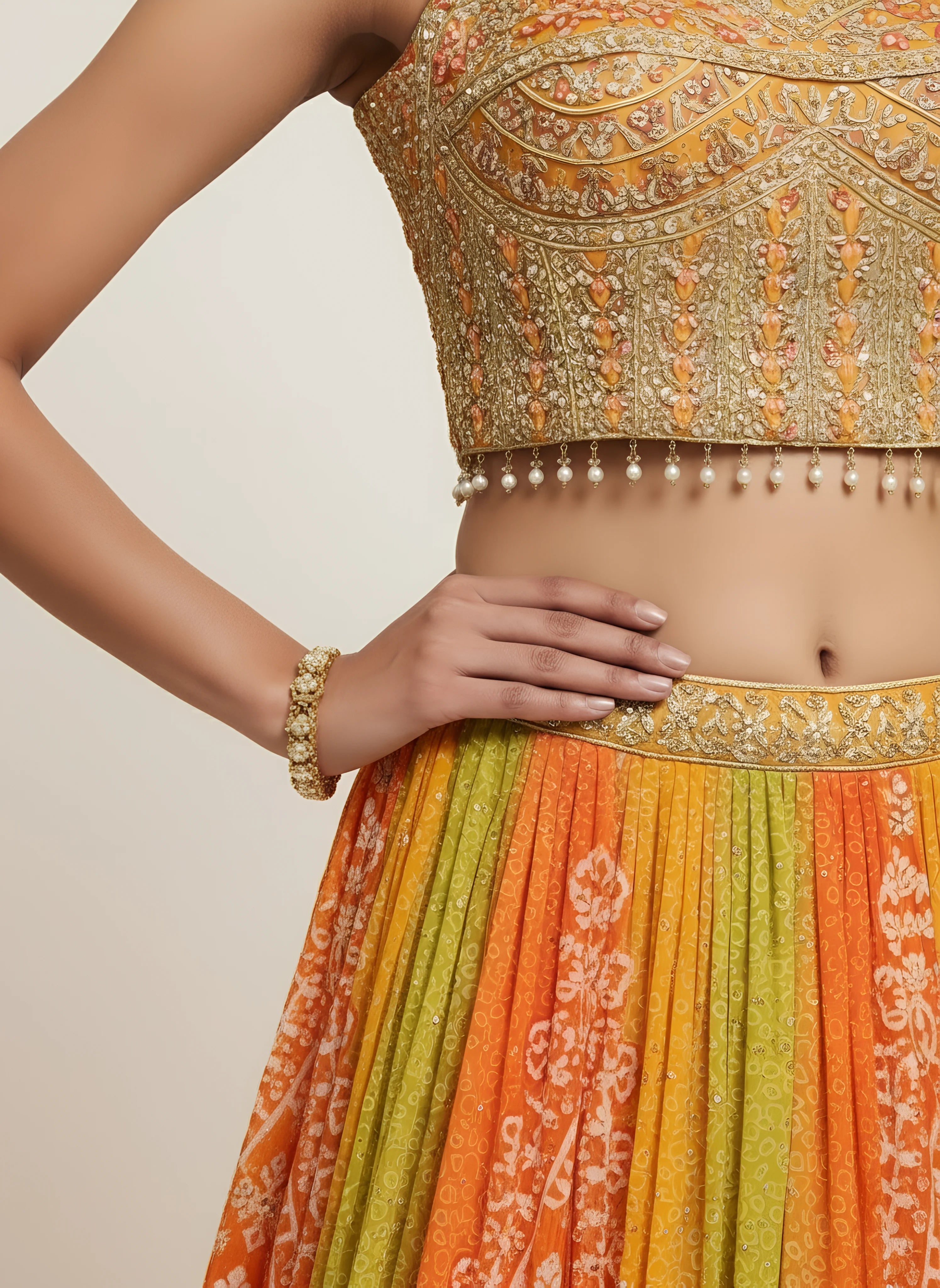 Multicolor Bandhani Print Embroidered Lehenga