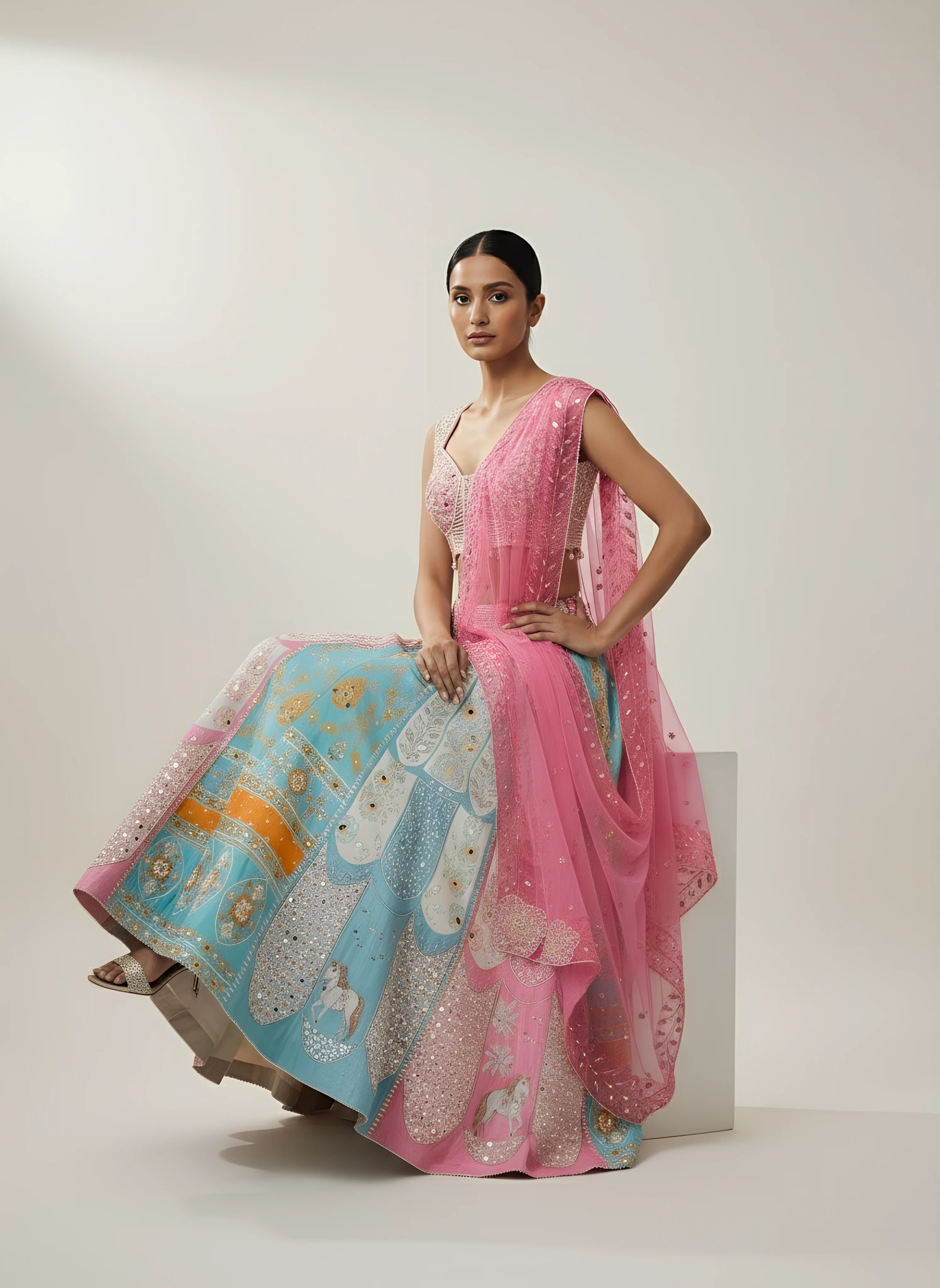 Multicolor Printed Silk Designer Lehenga