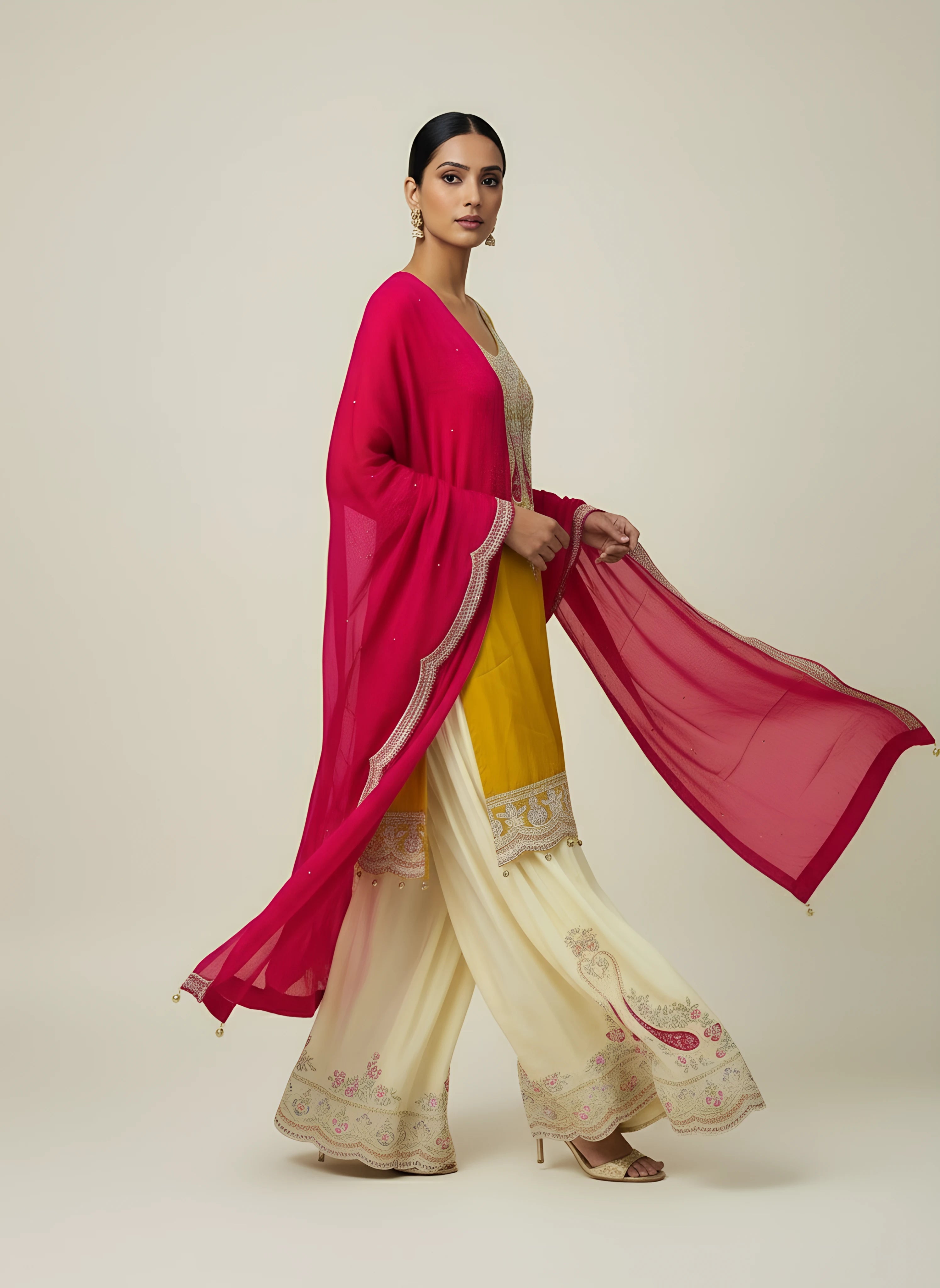 Yellow Embroidered Chinnon Sharara Set