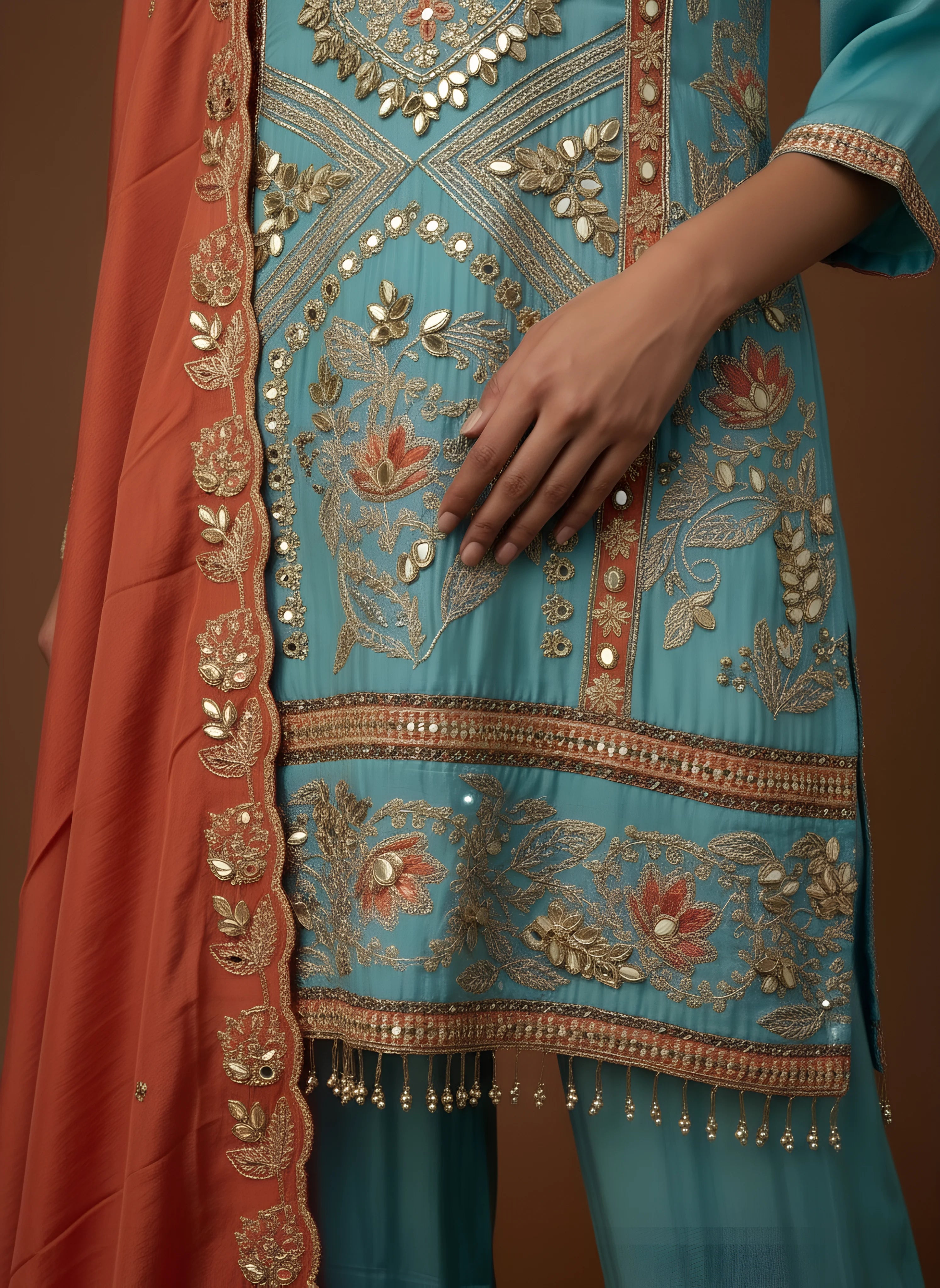 Aqua Blue Silk Embroidered Sharara Set