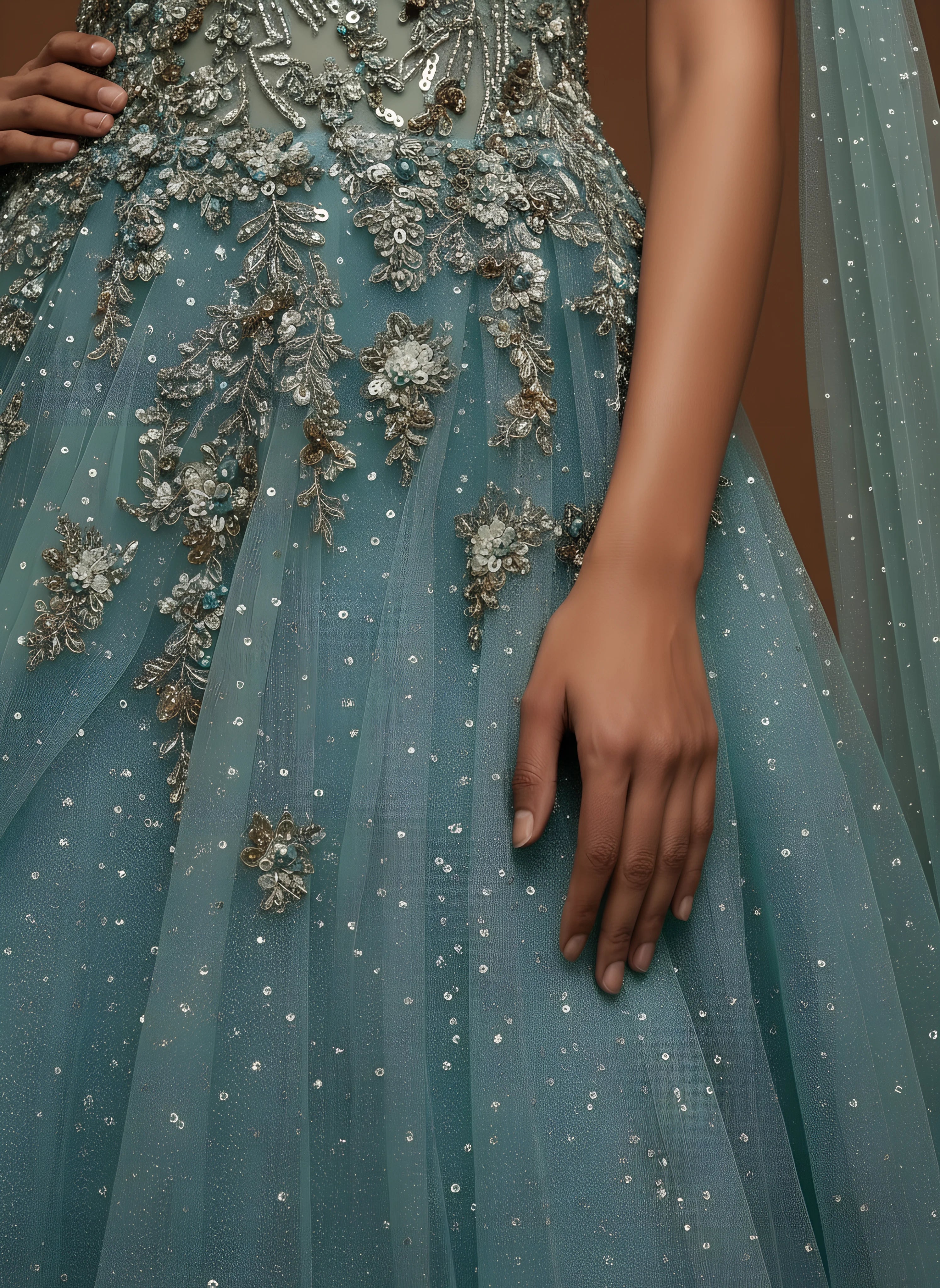 Sage Green Sequins Embroidered Net Reception Gown