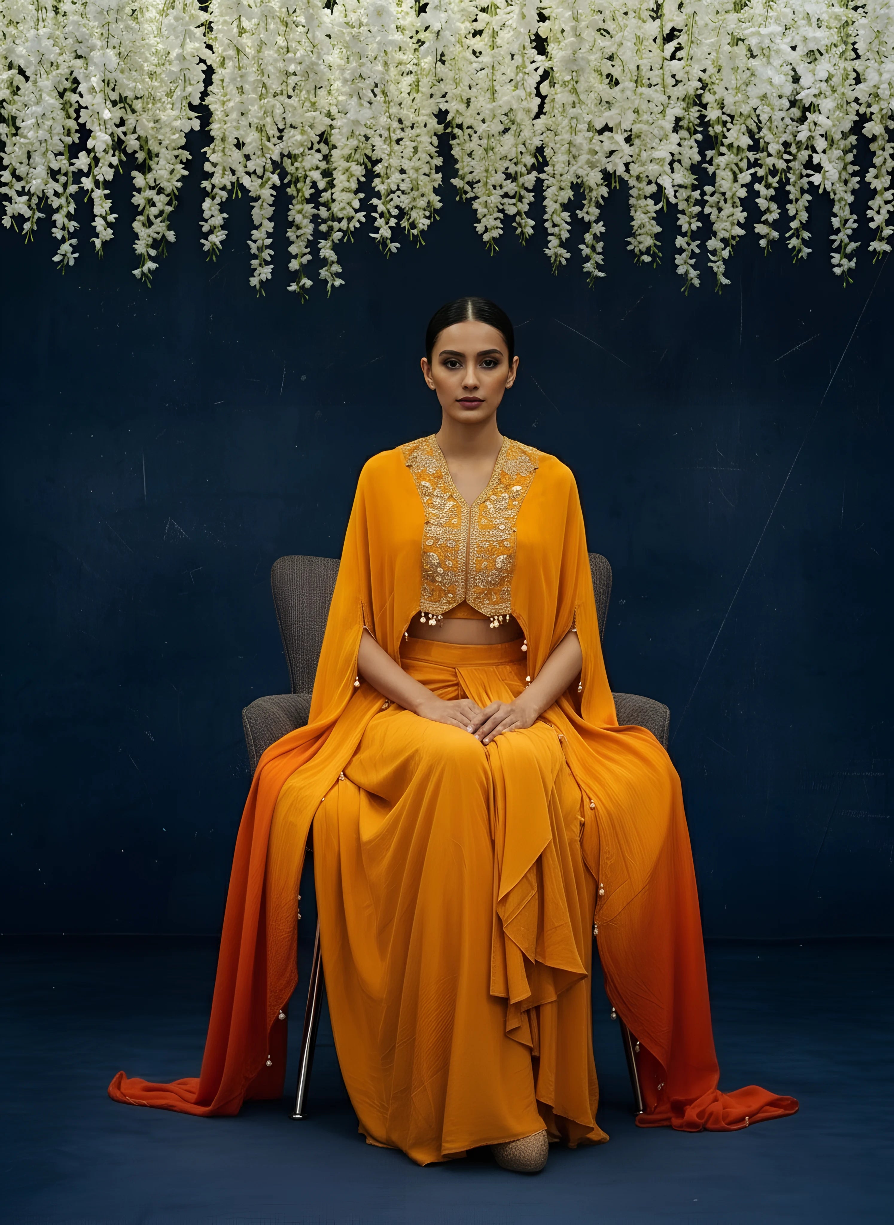 Orange Indowestern With Drape Skirt