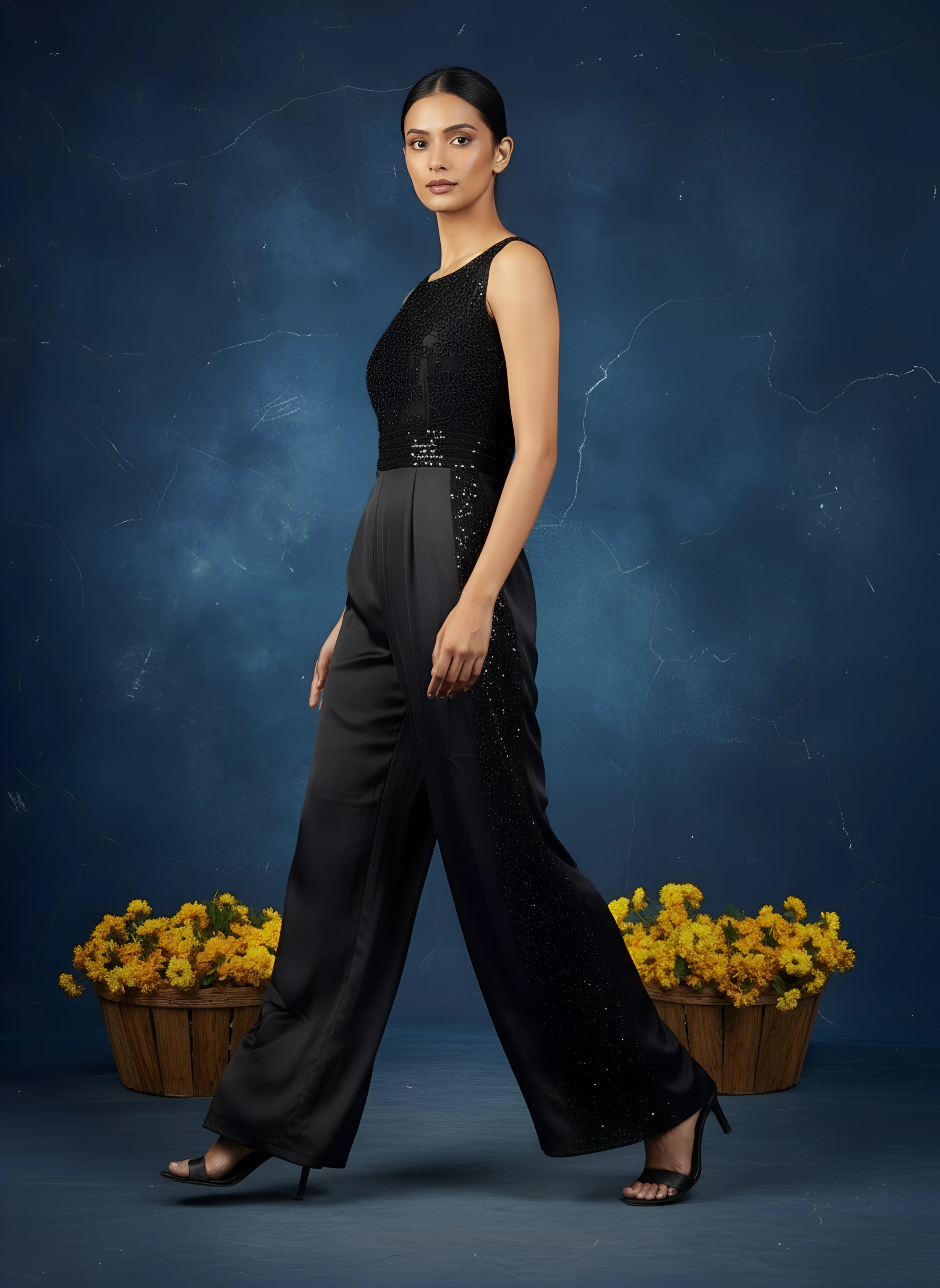 Black Designer Embroidered Jump Suit