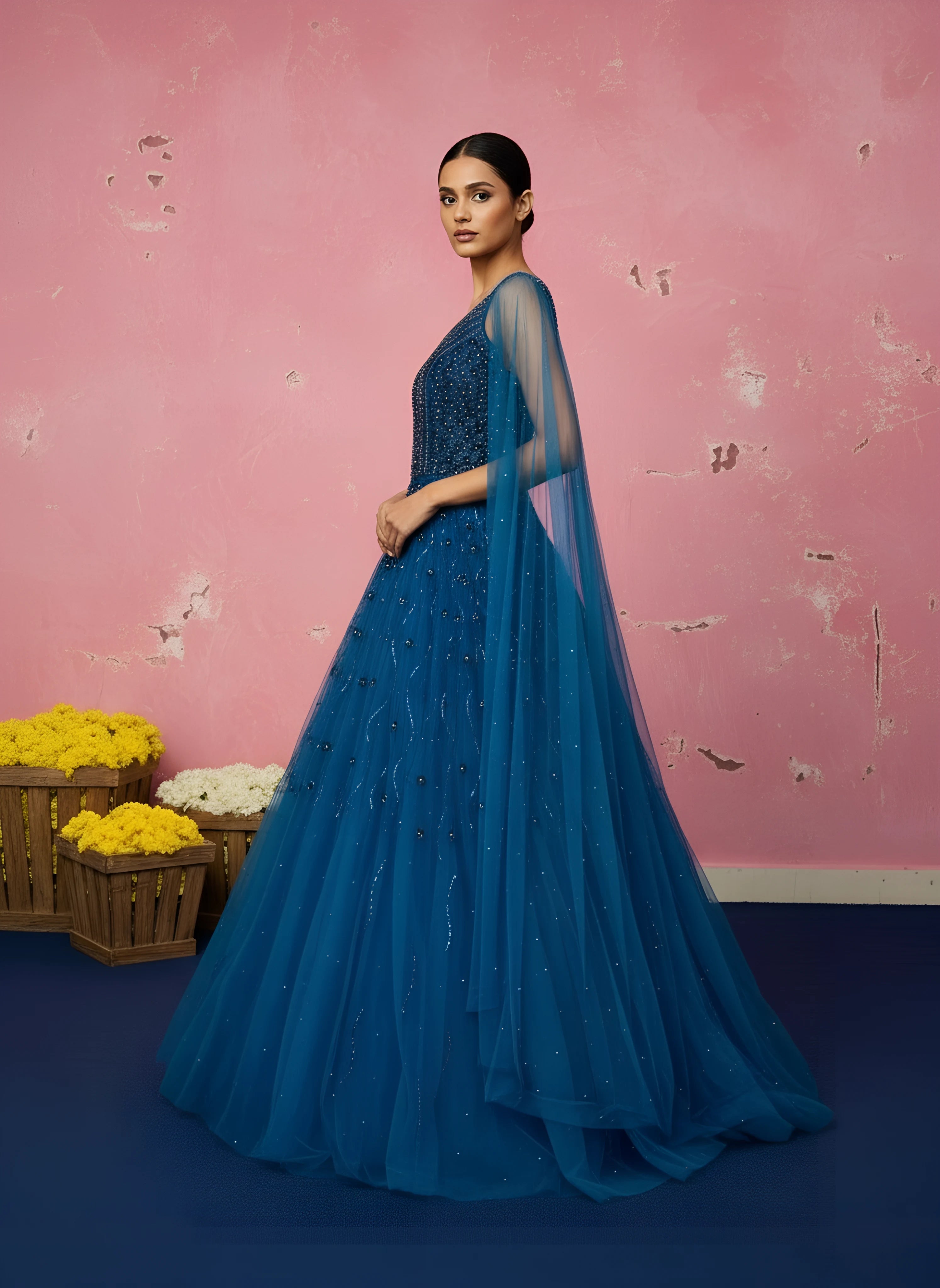 Navy Blue Sequins Embroidery Net Gown