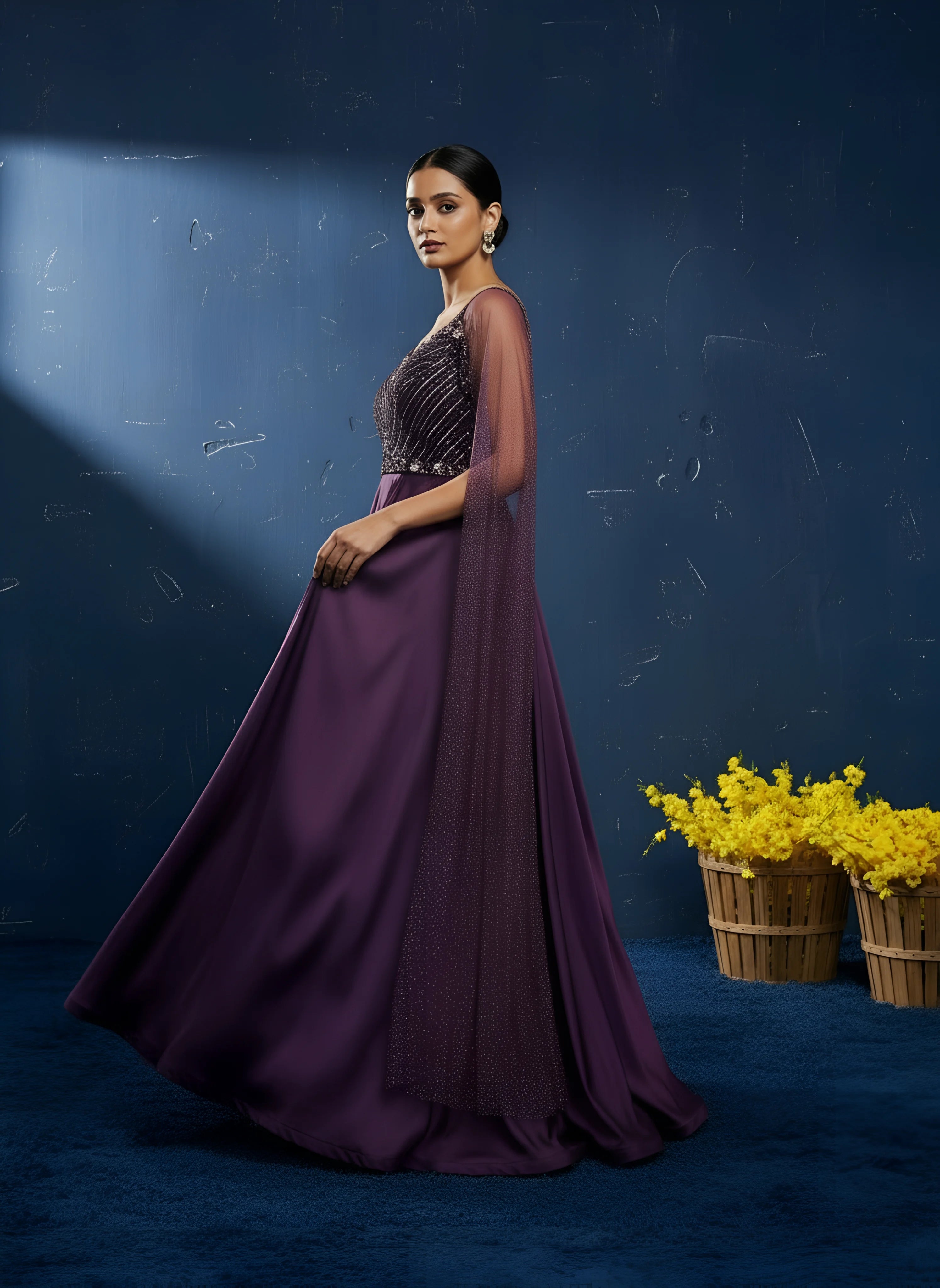 Wine Embroidered Satin Cocktail Gown