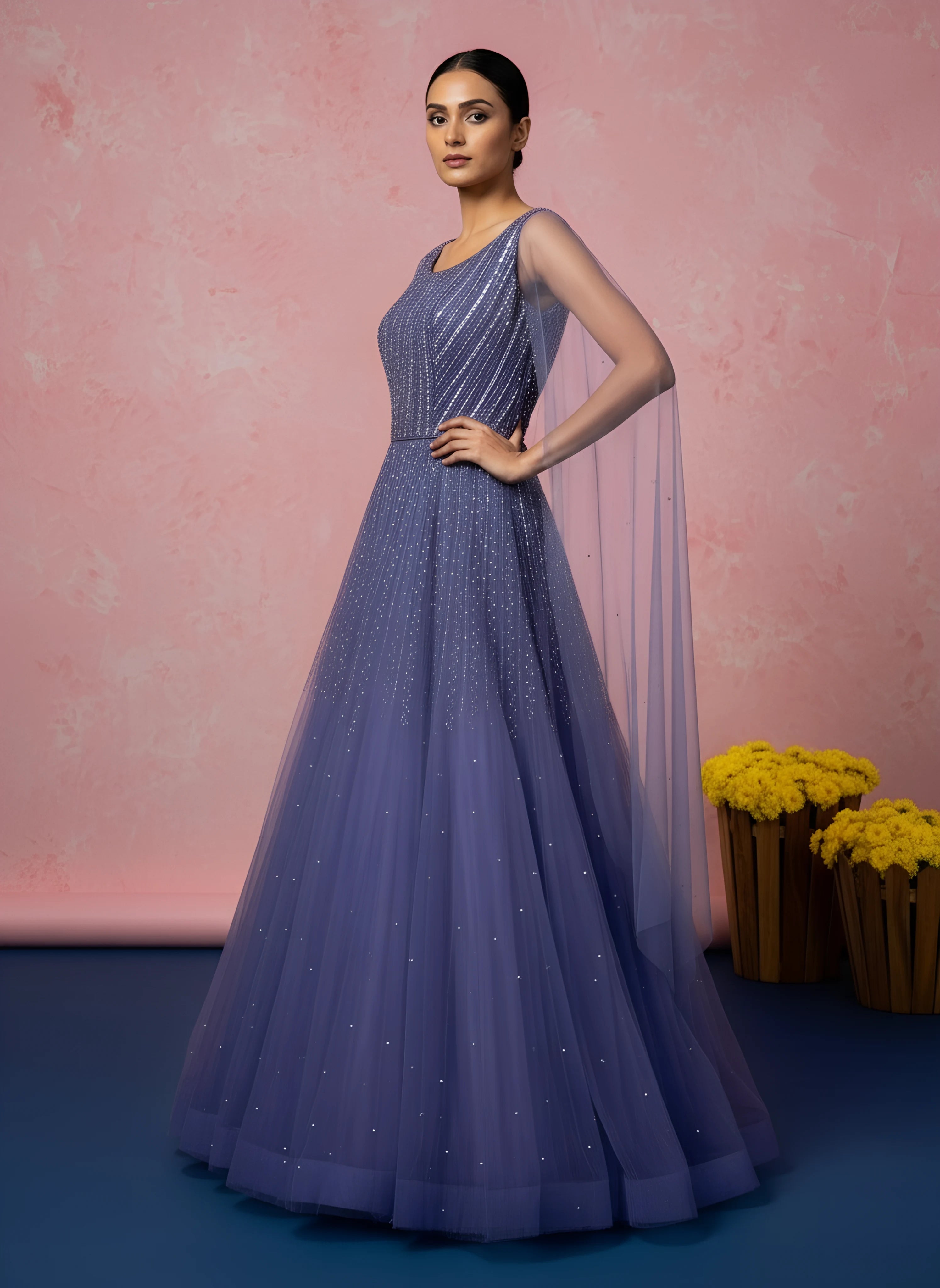 Blue Net Sequins Embroidered Engagement Gown