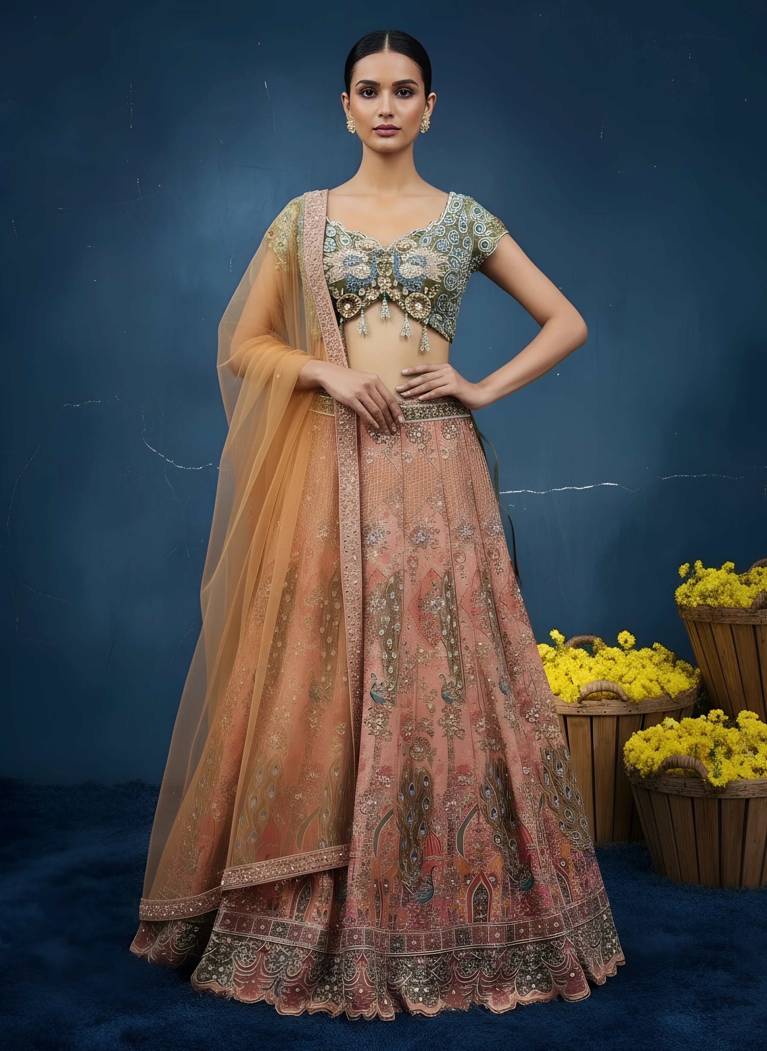 Beige & Green Embroidered Festive Lehenga