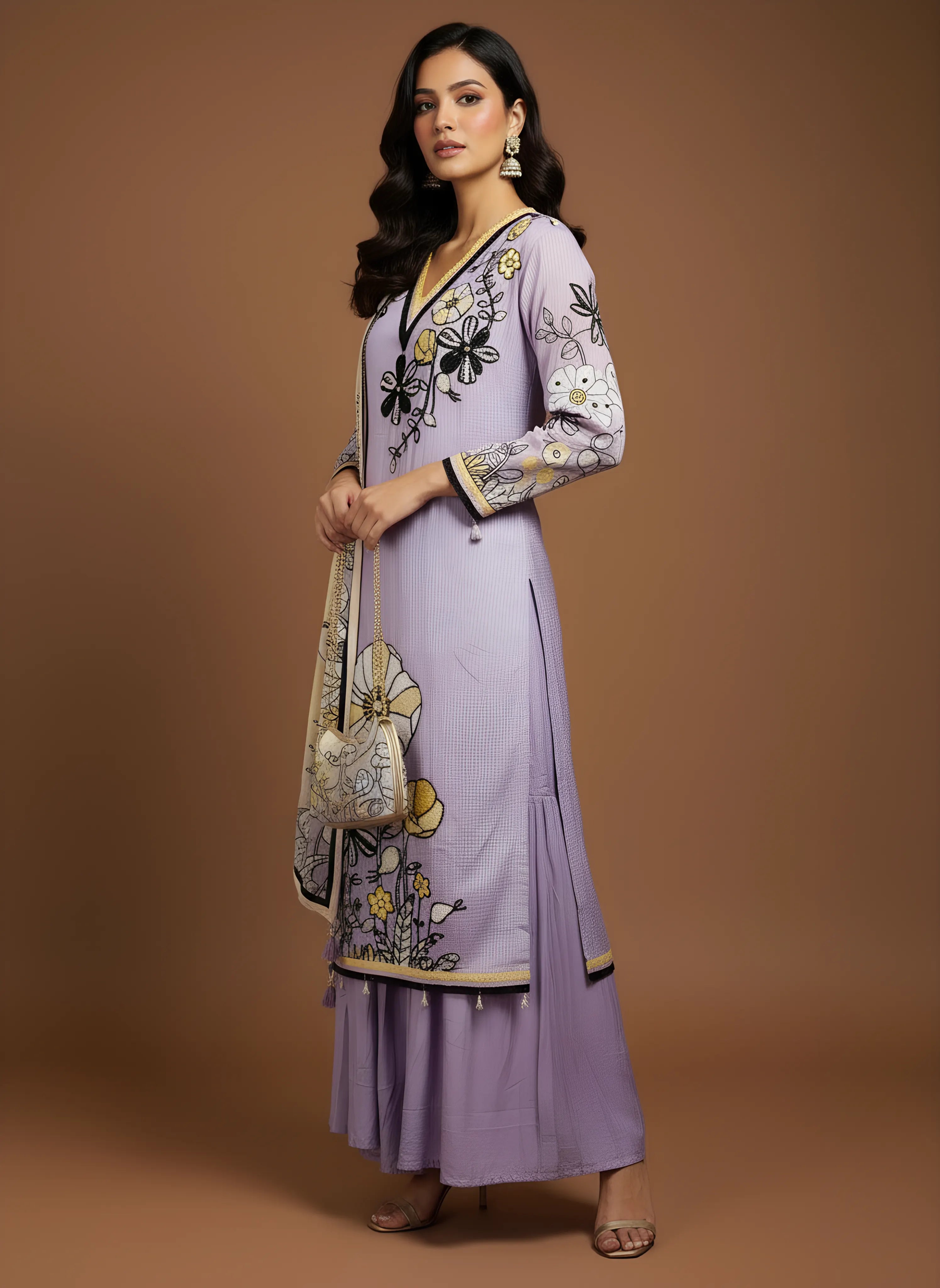 Purple Floral Embellished Salwar Suit With Dupatta
