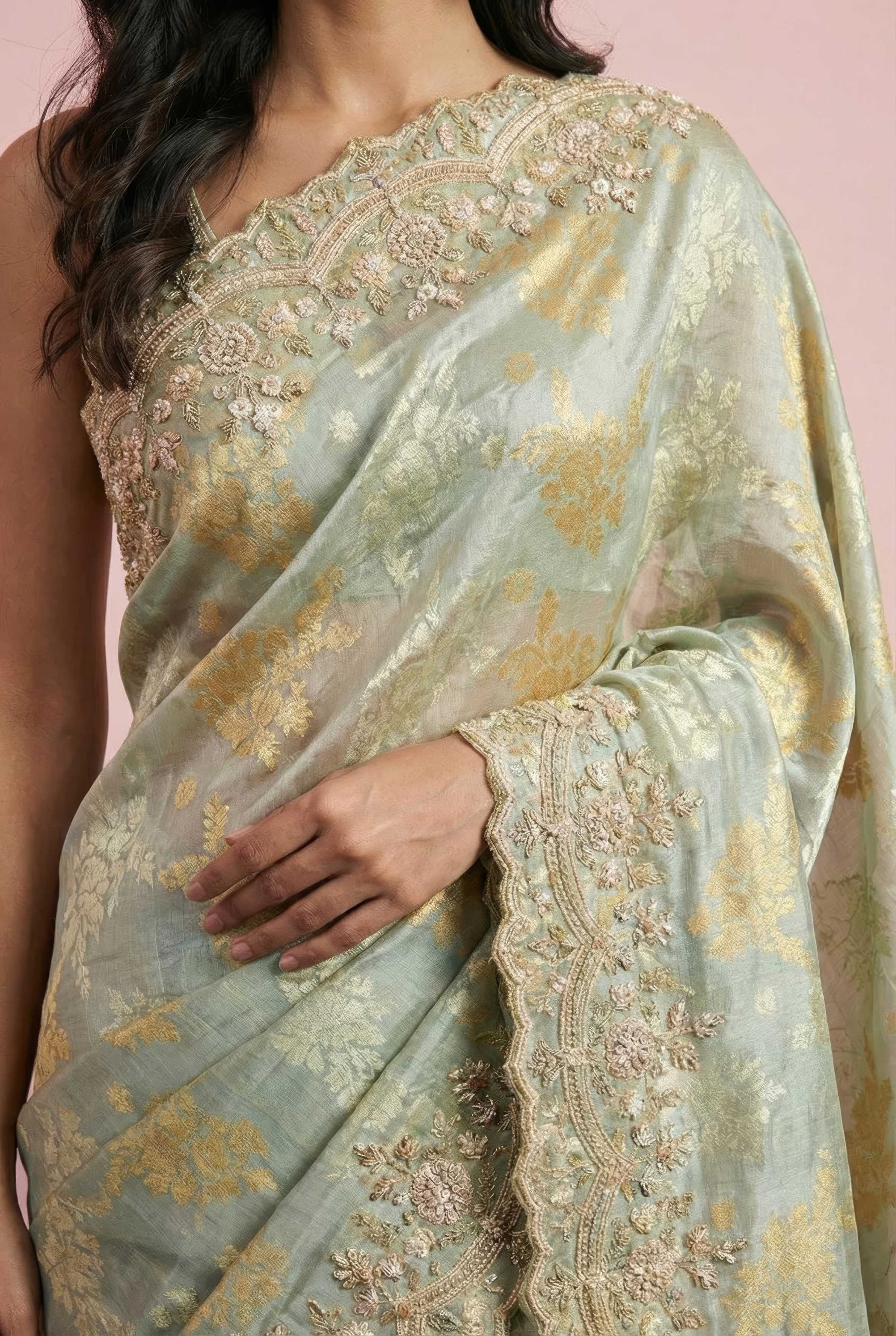 Light Grey Digital Print Hand Embroidered Saree