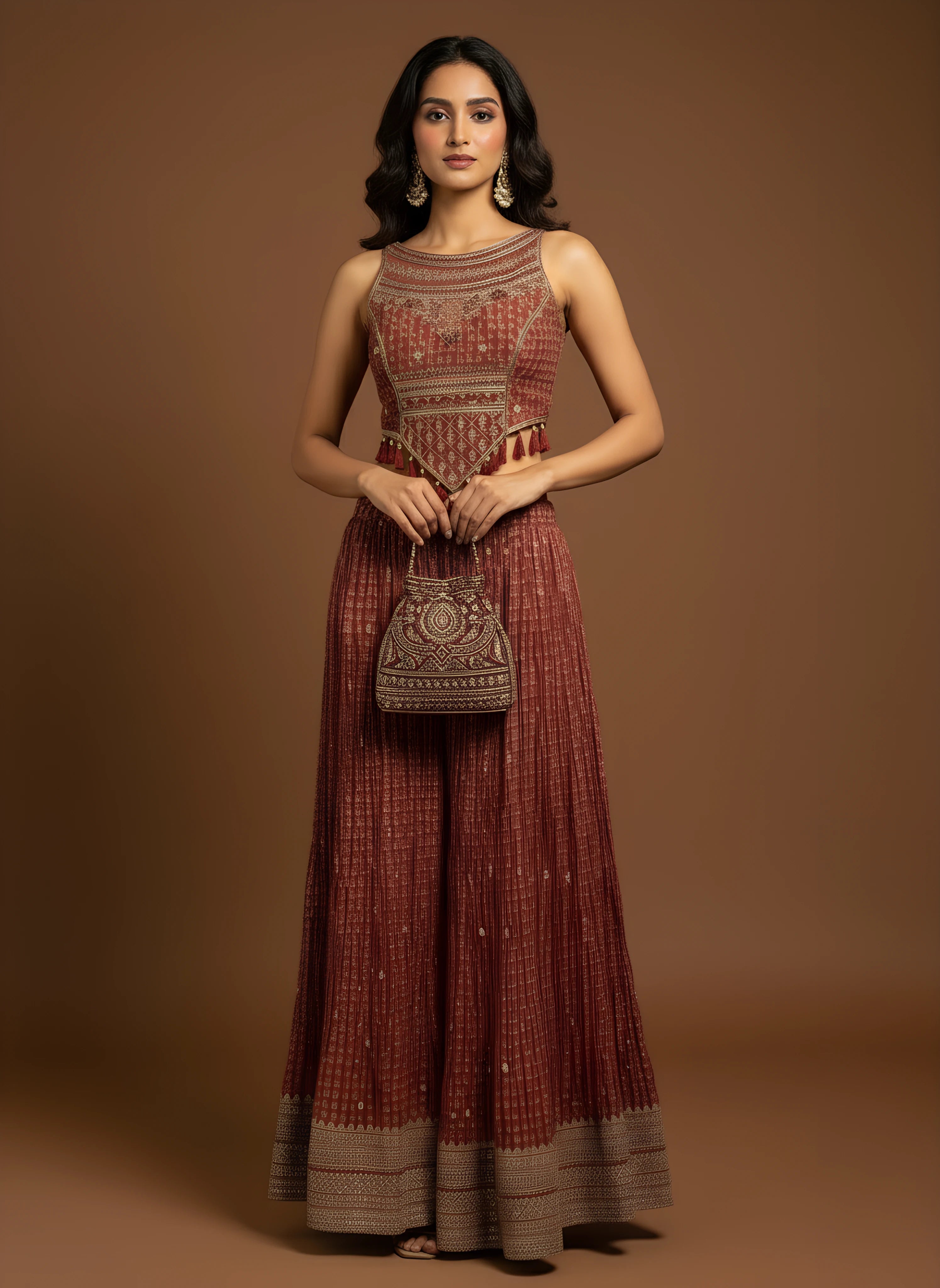 Red Designer Embroidered Top With Printed Sharara