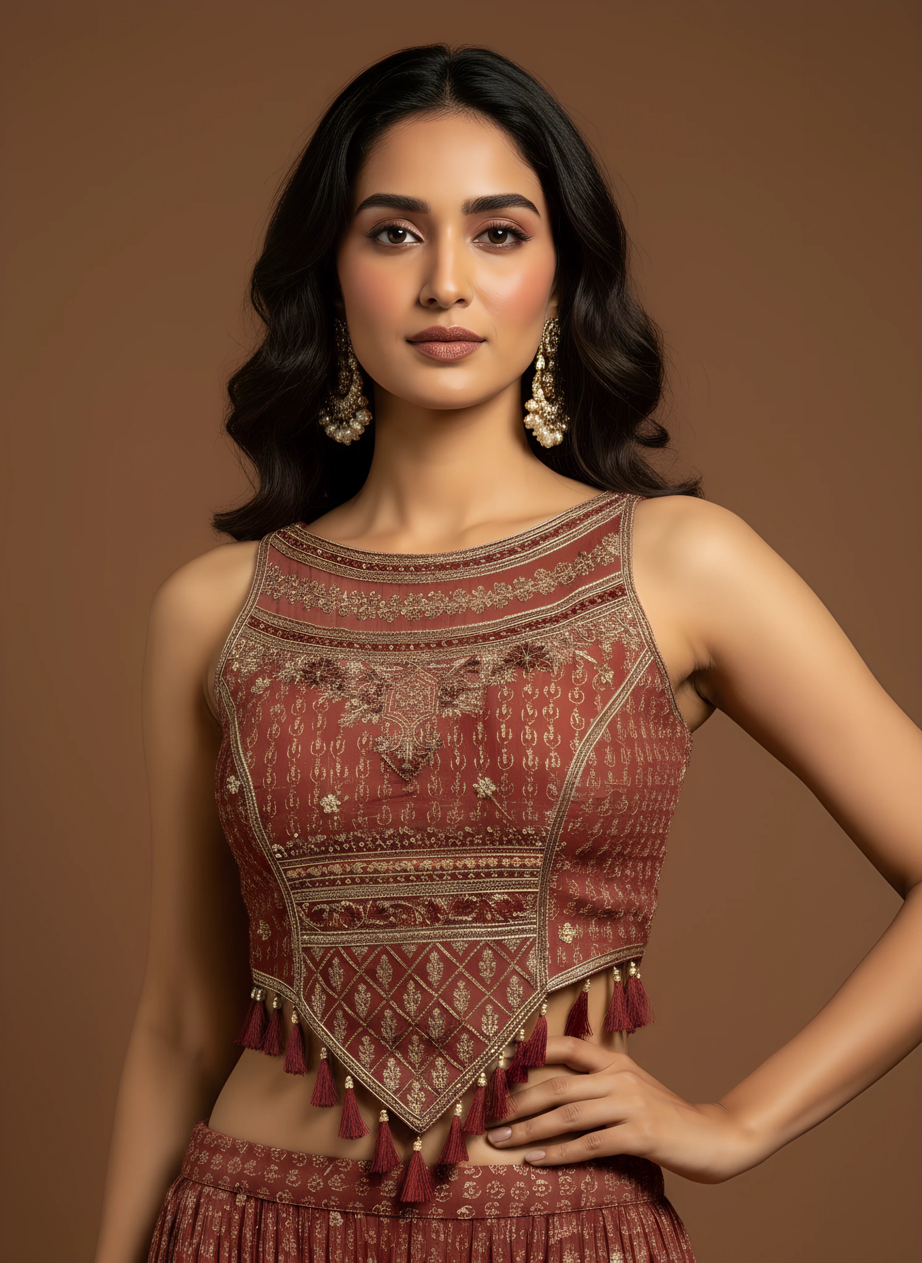 Red Designer Embroidered Top With Printed Sharara