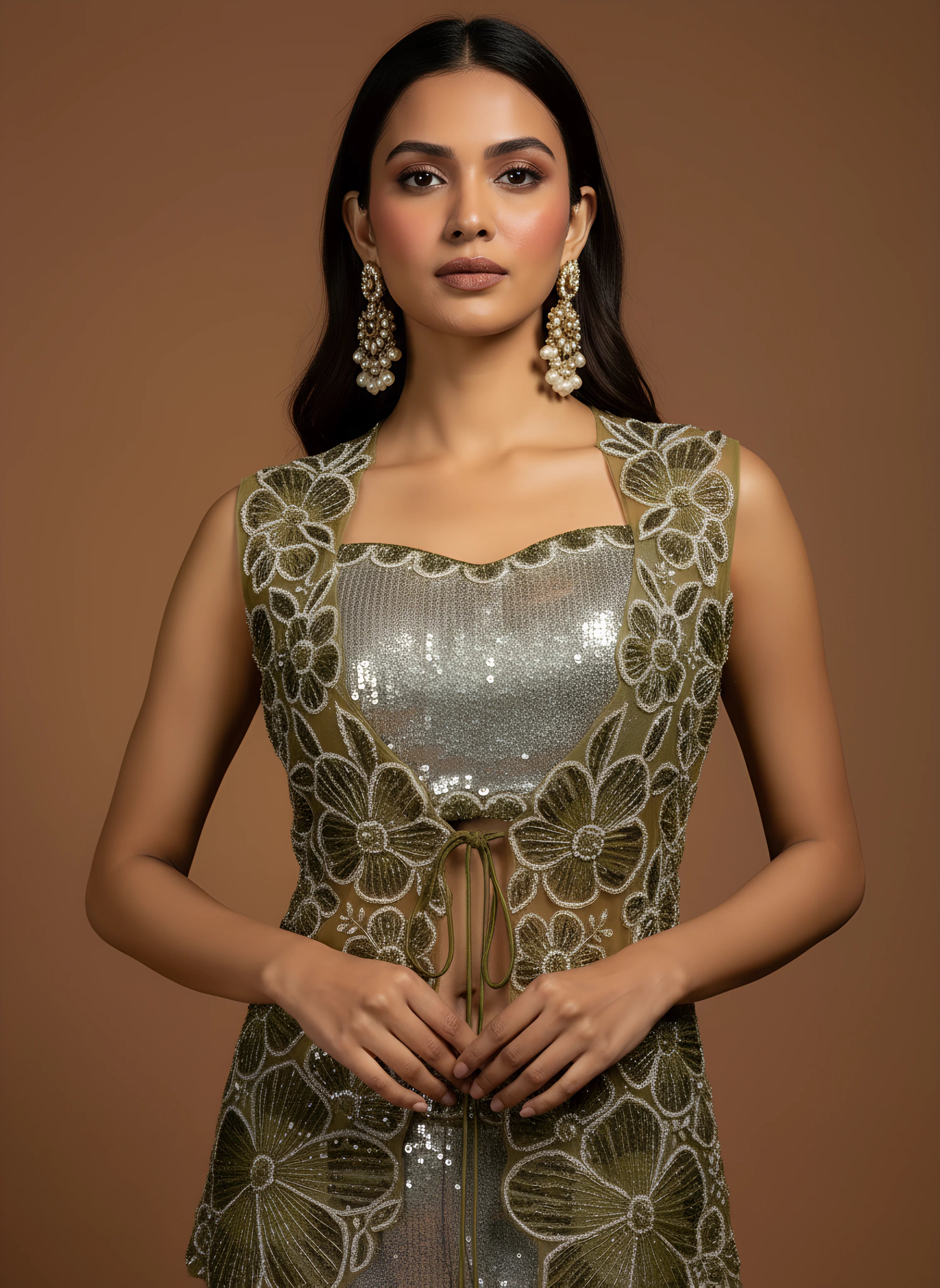 Grey Sequinned Crop Top With Palazzo & Embroidered Shrug