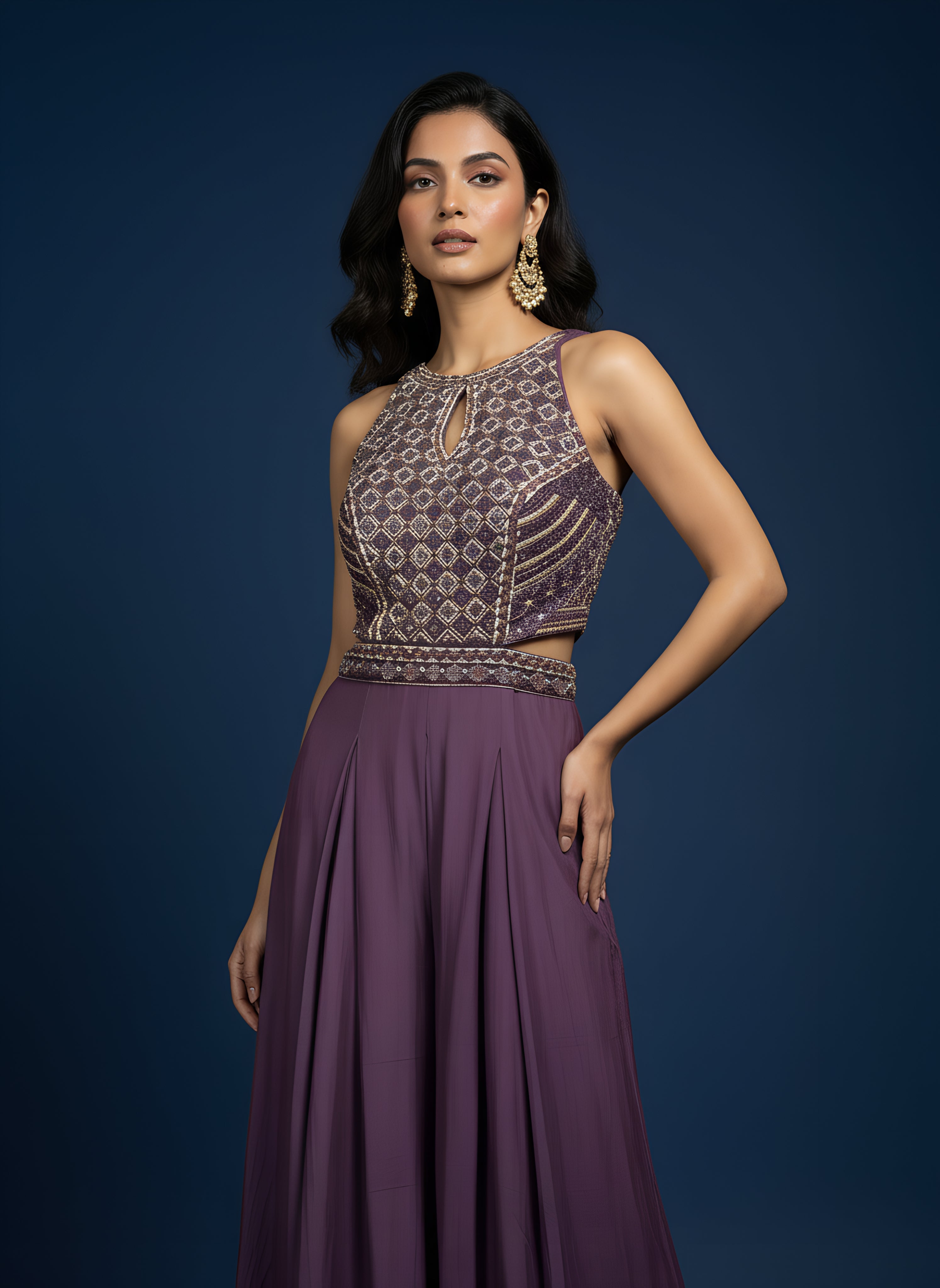 Purple Designer Embroidered Jumpsuit