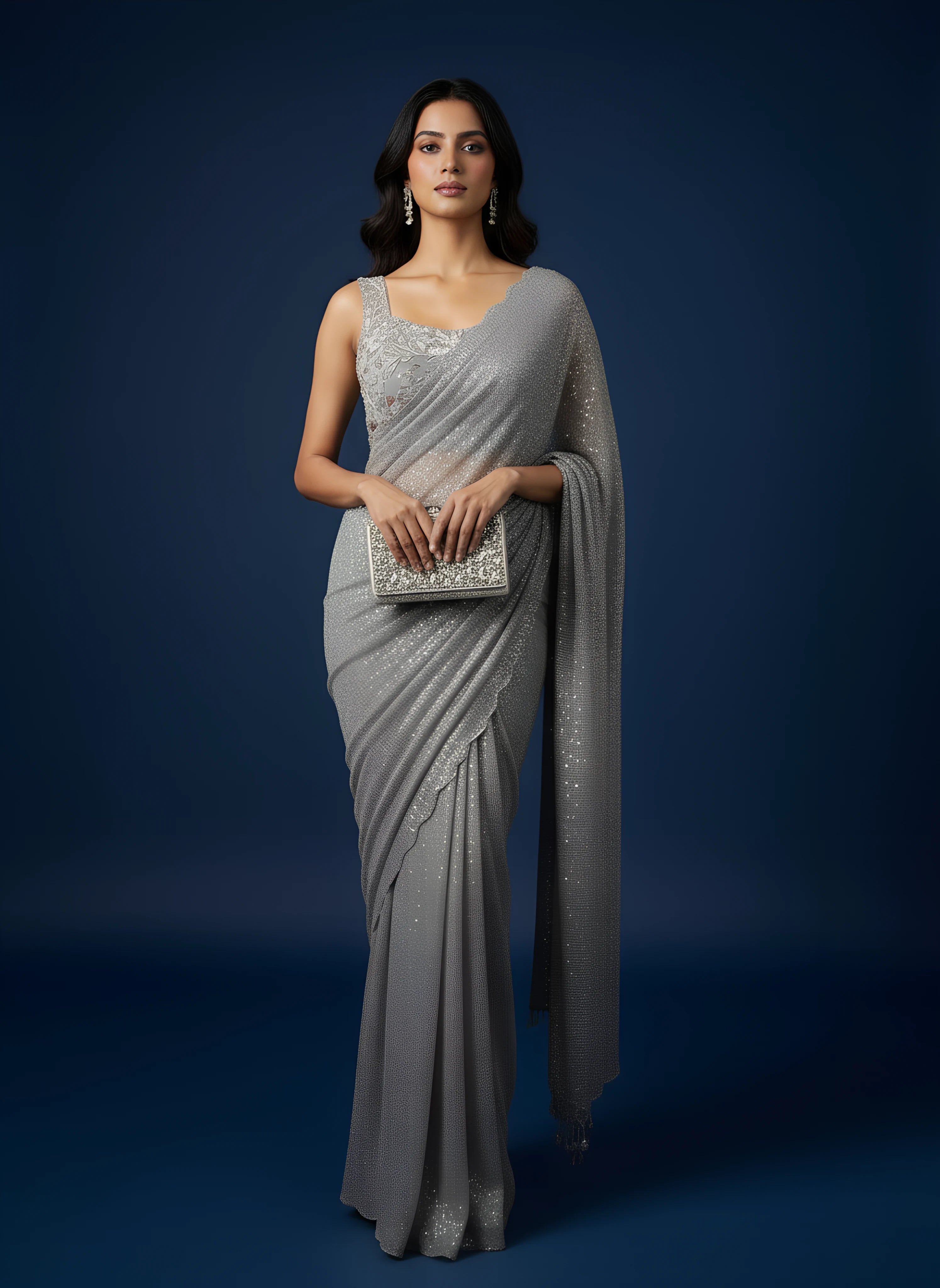 Grey Sequinned Embroidered Drape Saree