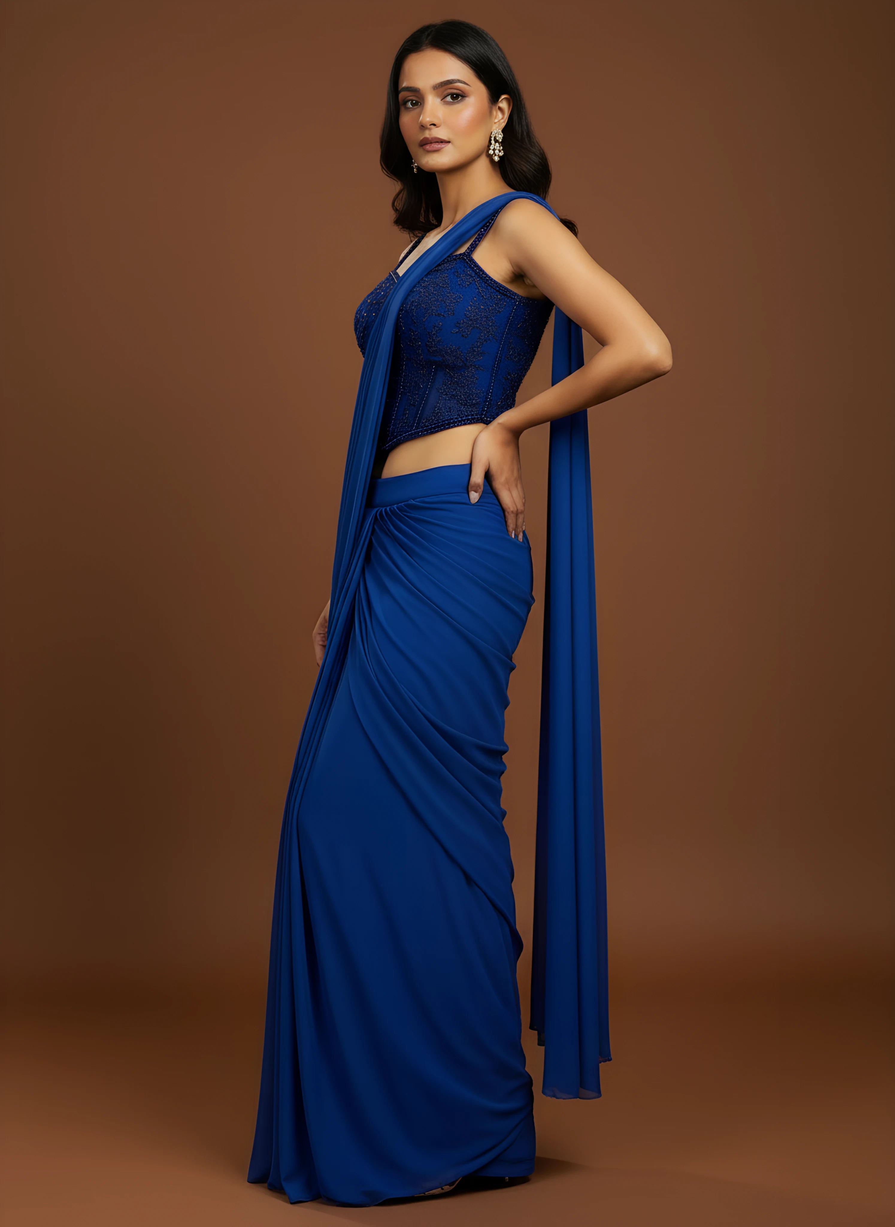 Navy Blue Corset Style Embroidered Drape Saree