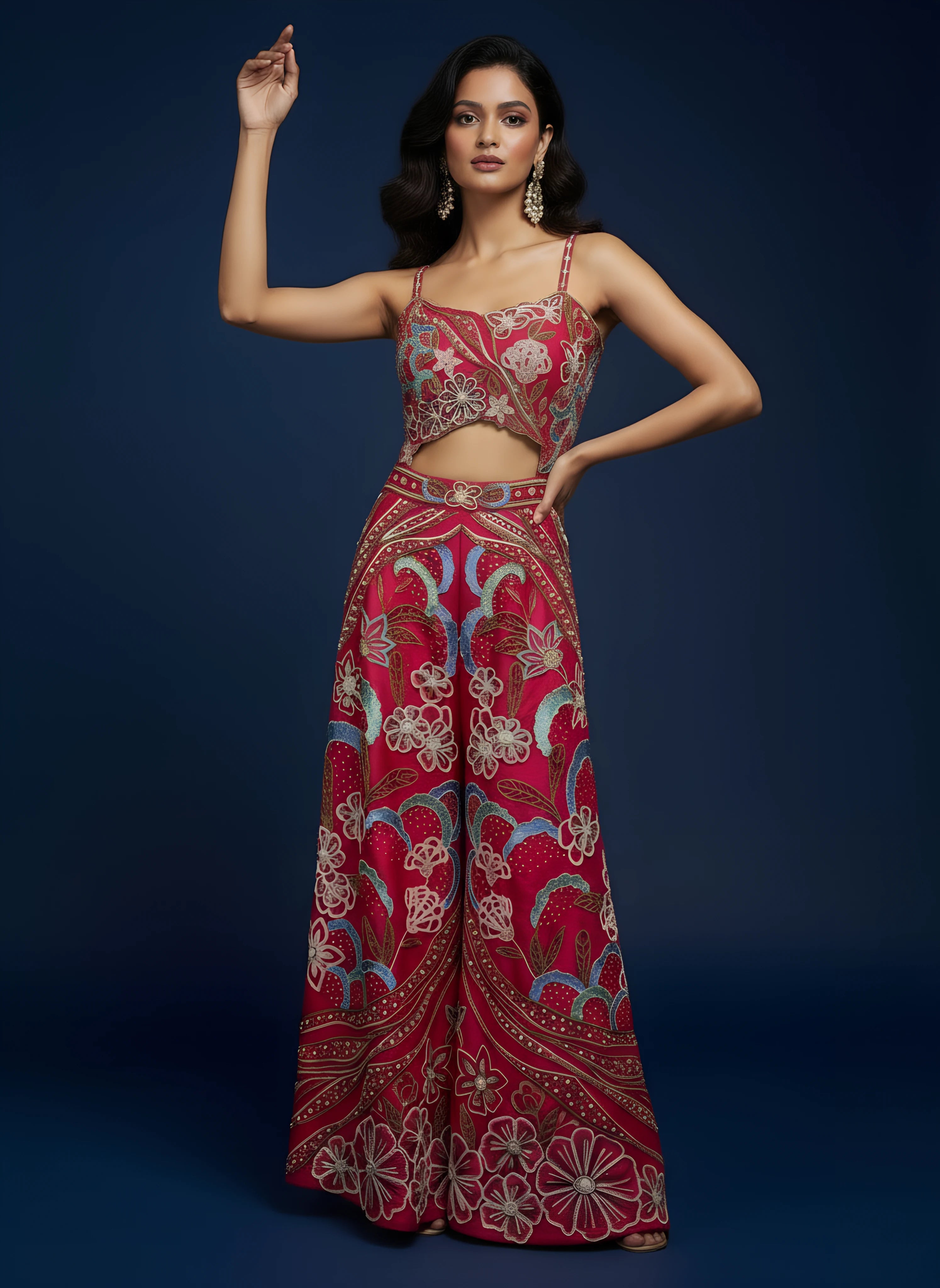 Dark Pink Designer 3D Embroidered Jumpsuit