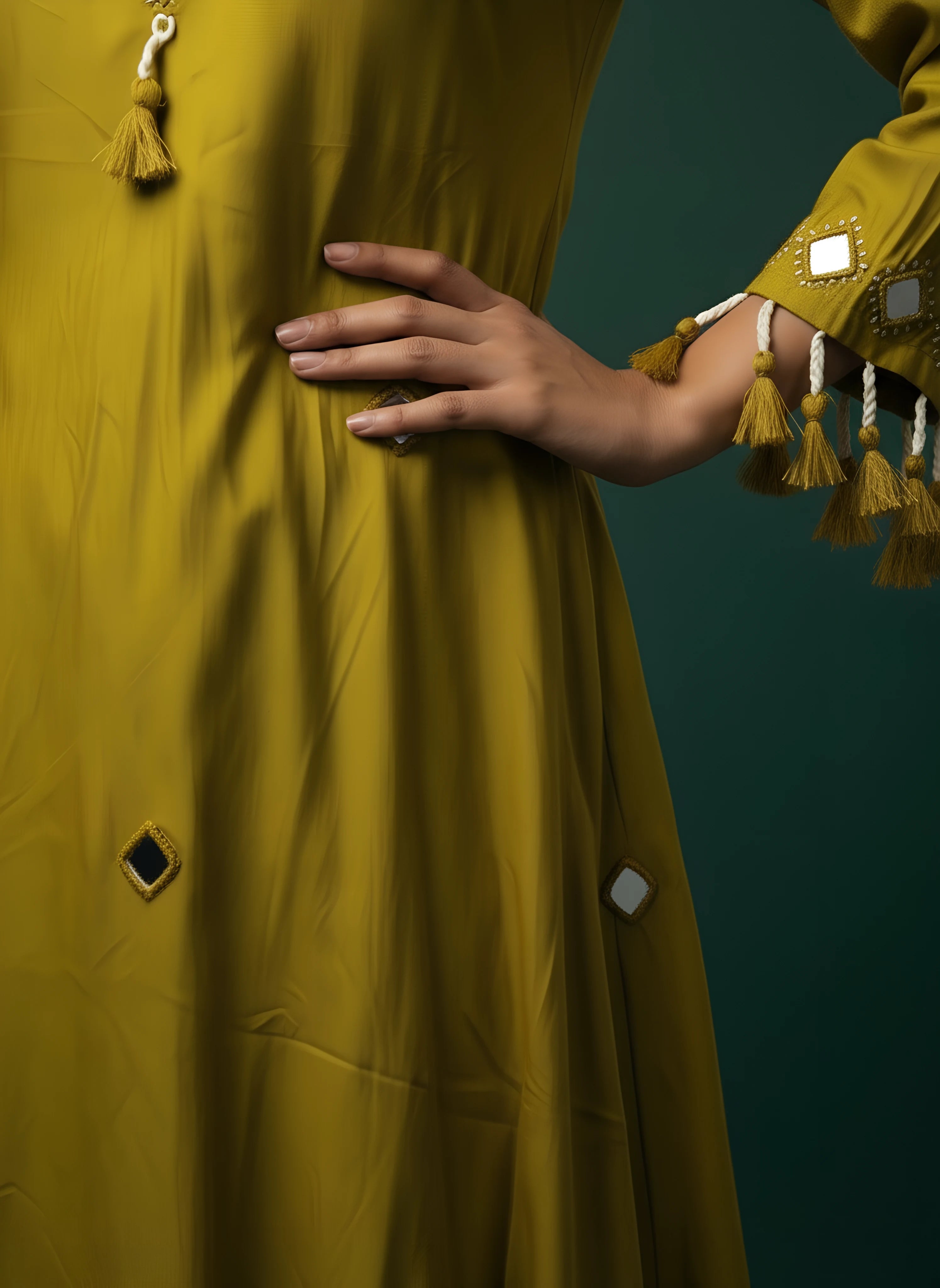 Yellow Mirror Work Long Top With Bottom Trouser