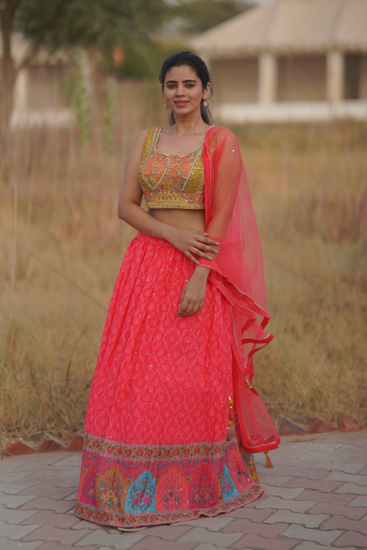 Dark Pink Printed Georgette Lehenga