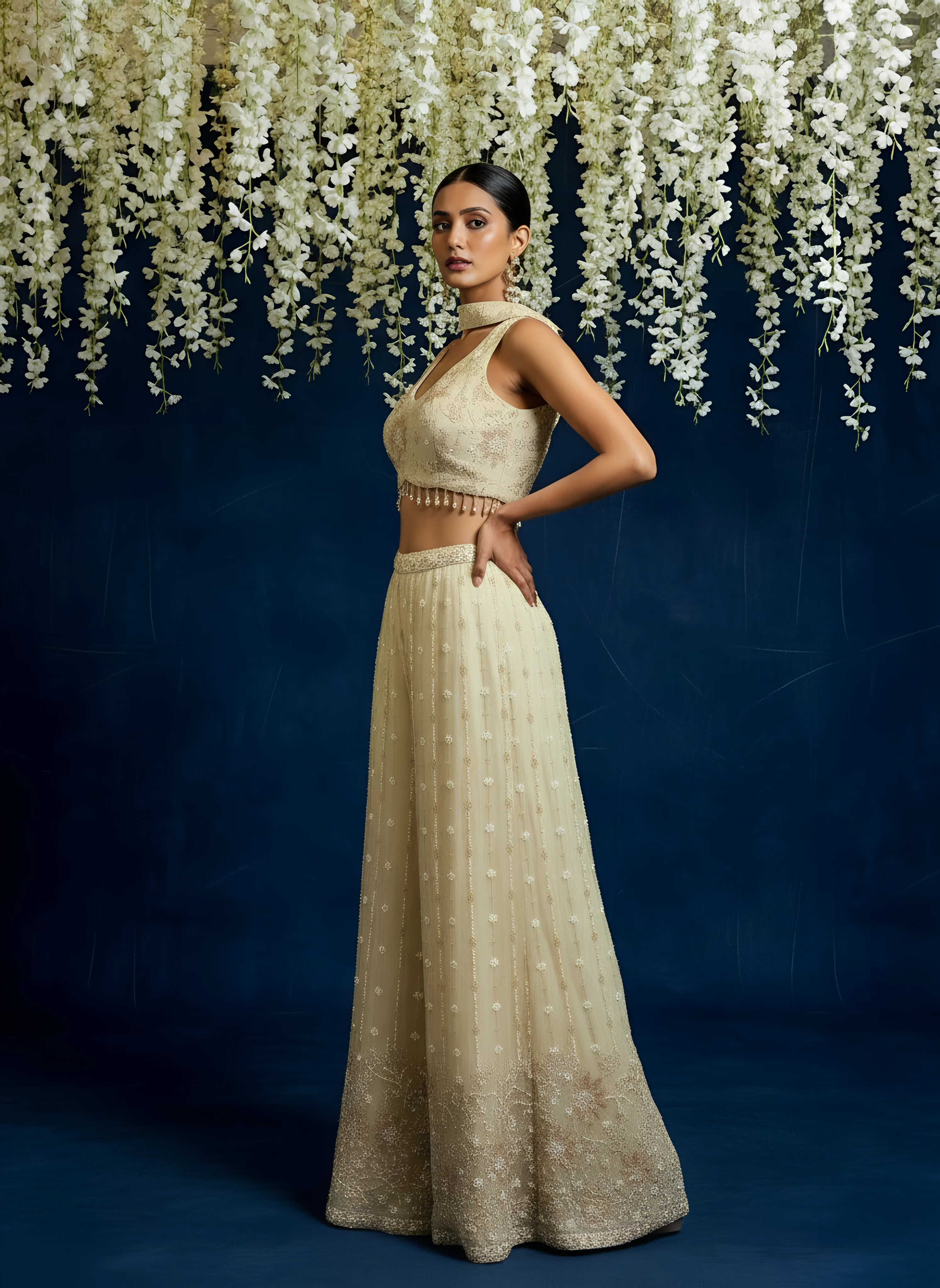 Cream Embroidered Corset Top With Bottom