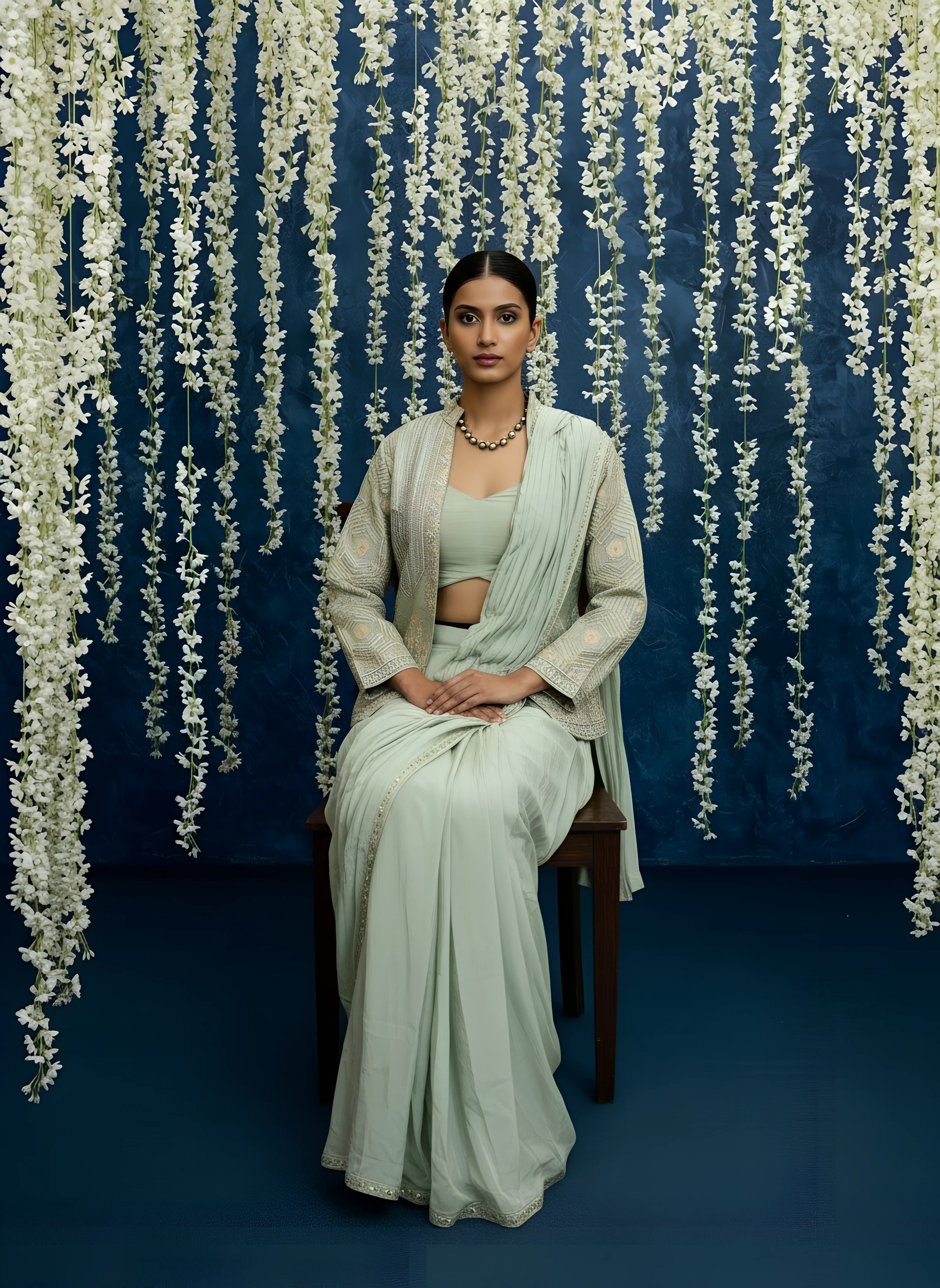 Light Green Chinnon Silk Drape Saree With Jacket & Readymade Blouse