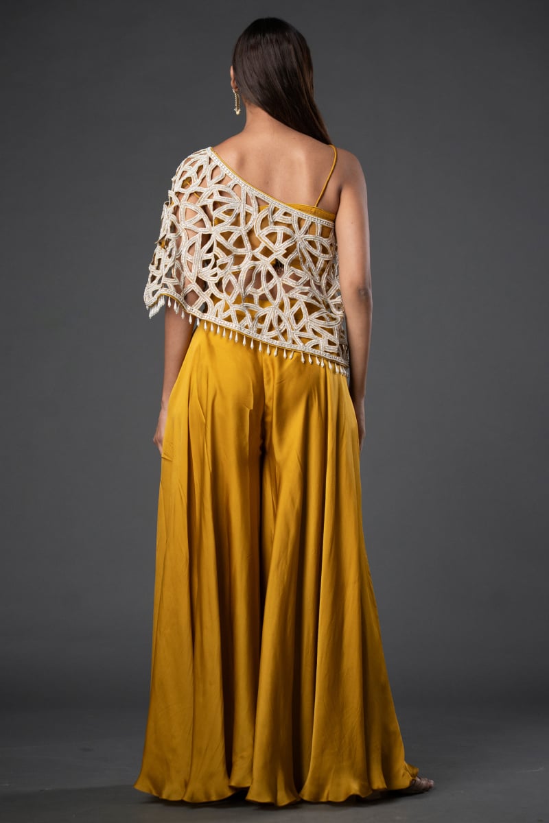 Mustard Fancy Cutdhana Moti Work Indo Western Palazzo With One Shoulder Cut Work Cap