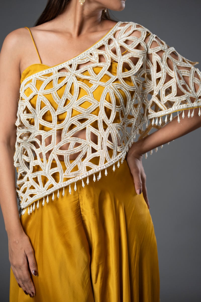 Mustard Fancy Cutdhana Moti Work Indo Western Palazzo With One Shoulder Cut Work Cap