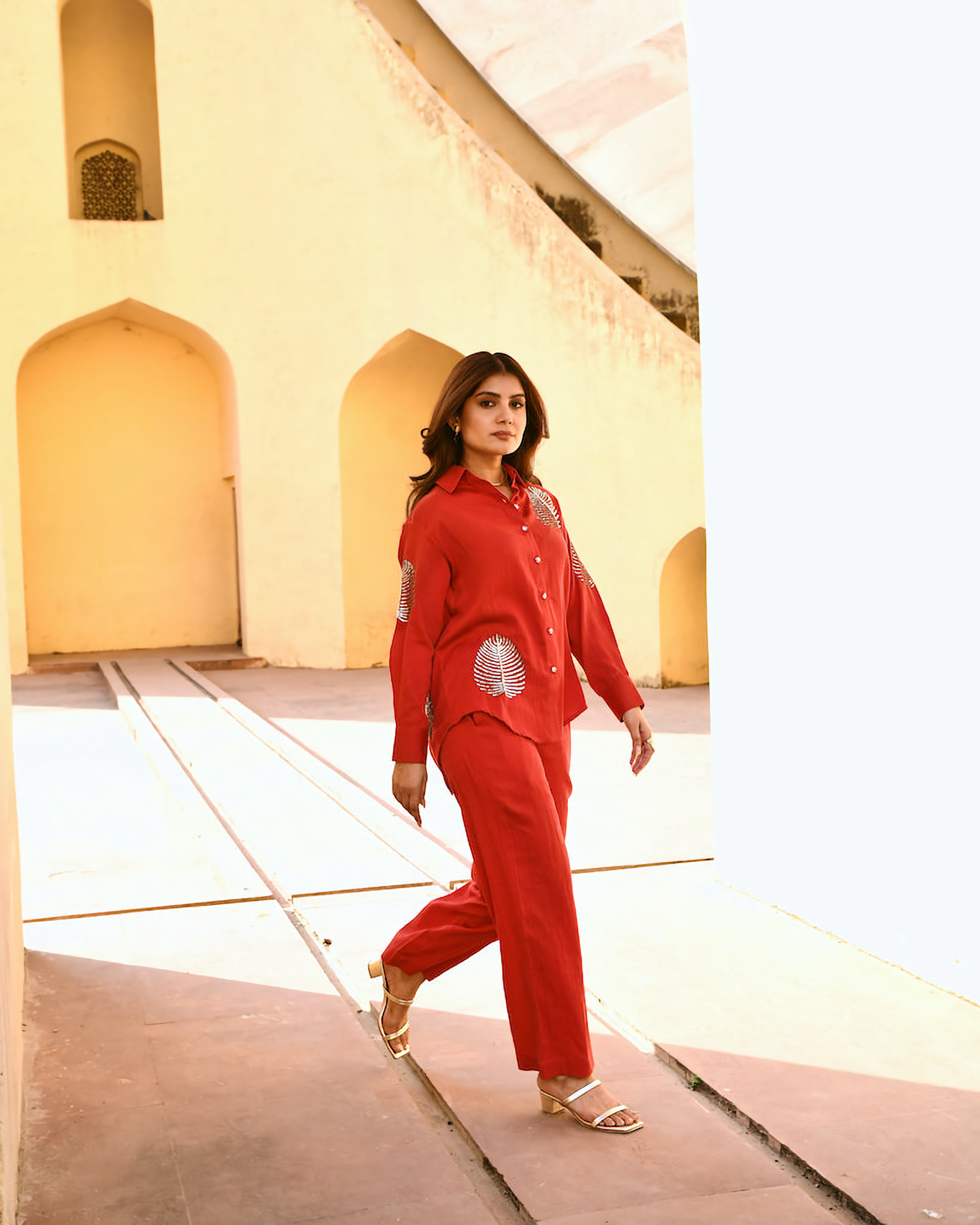 Red Embroidered Italian Silk Shirt with Pants Co-ord Set (Set of 2)